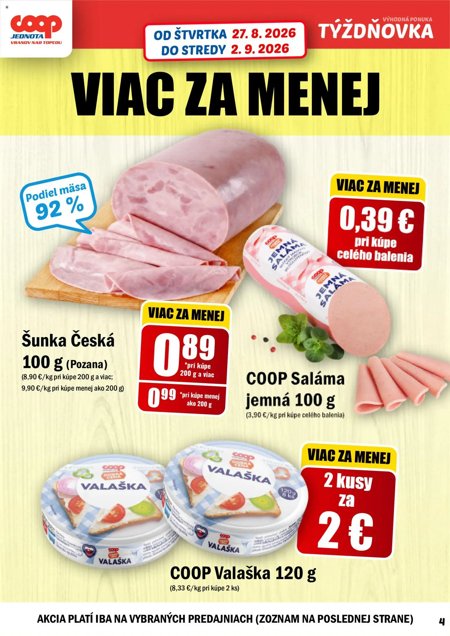 Nové COOP Jednota akcie – leták je platný od 27.08.2026 | Strana: 4 | Produkty: Saláma, Šunka