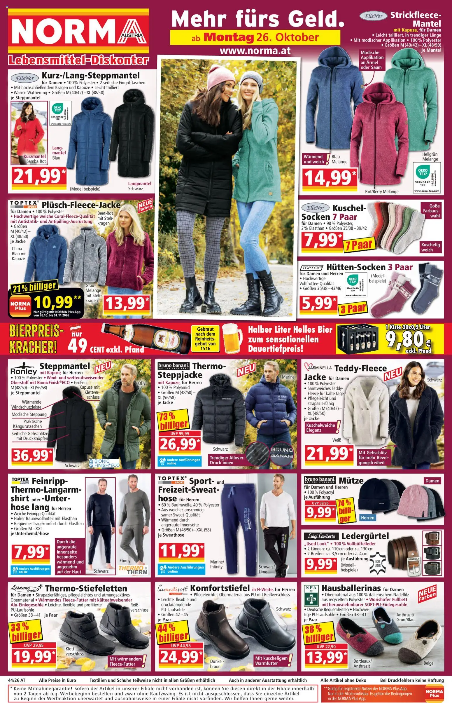 Norma Flugblatt gültig ab 26.10.2026 | Seite: 1 | Produkte: Mantel, Hose, Socken, Bier
