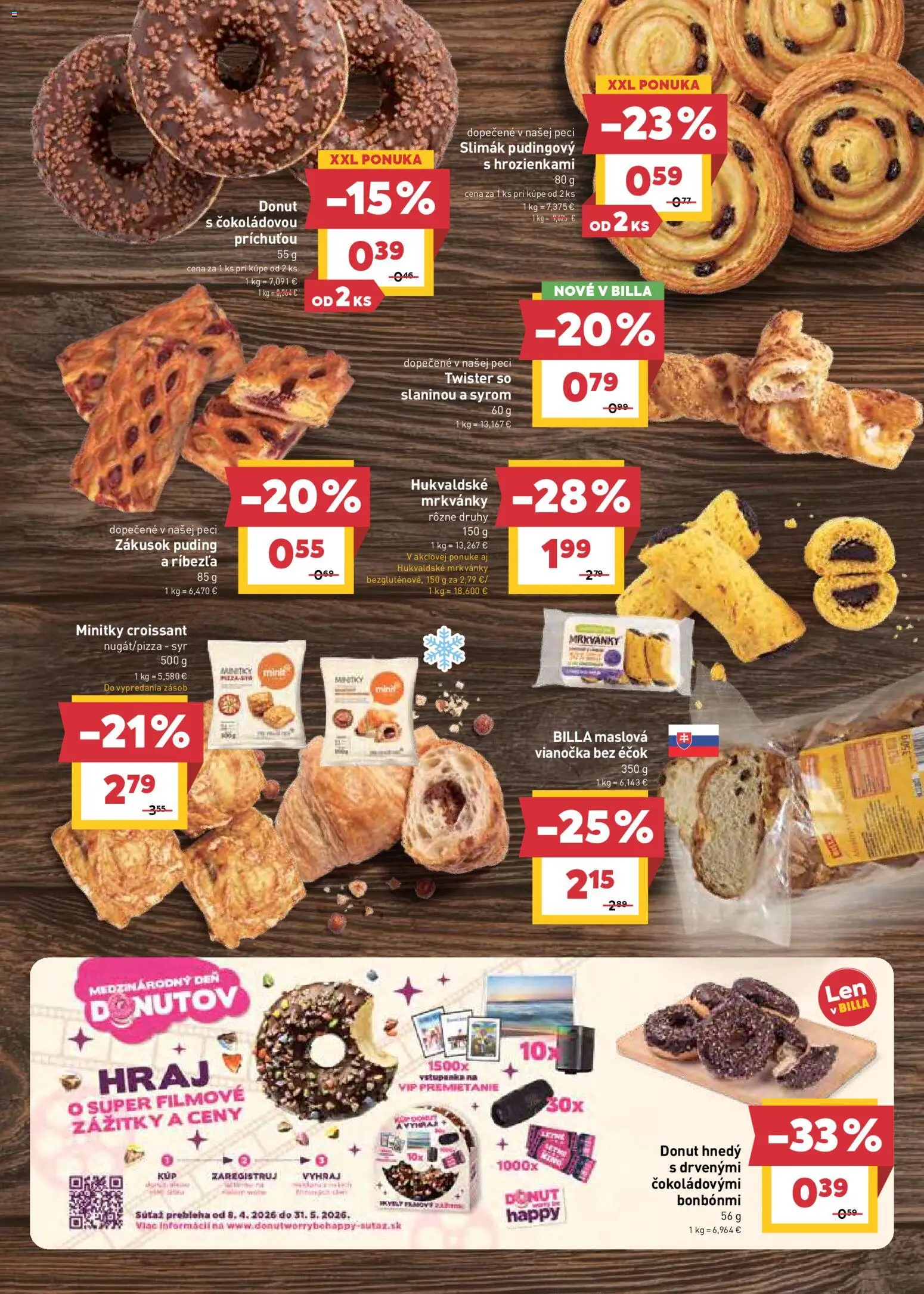 Nové Billa akcie – leták je platný od 13.05.2026 | Strana: 7 | Produkty: Syr, Donut, Croissant, Puding