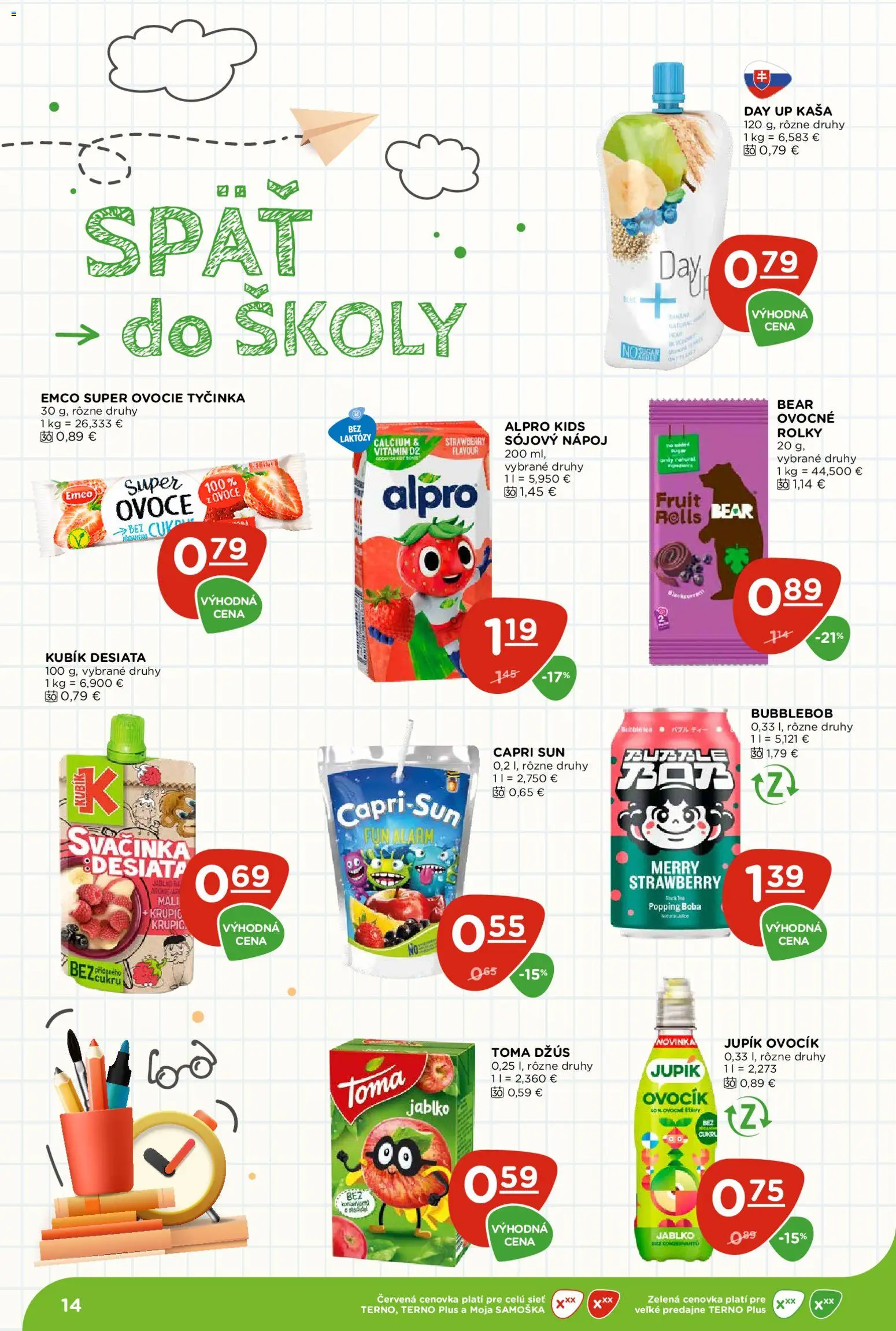 Nové Terno akcie – leták je platný od 20.08.2026 | Strana: 14 | Produkty: Džús, Kaša, Alpro, Ovocie