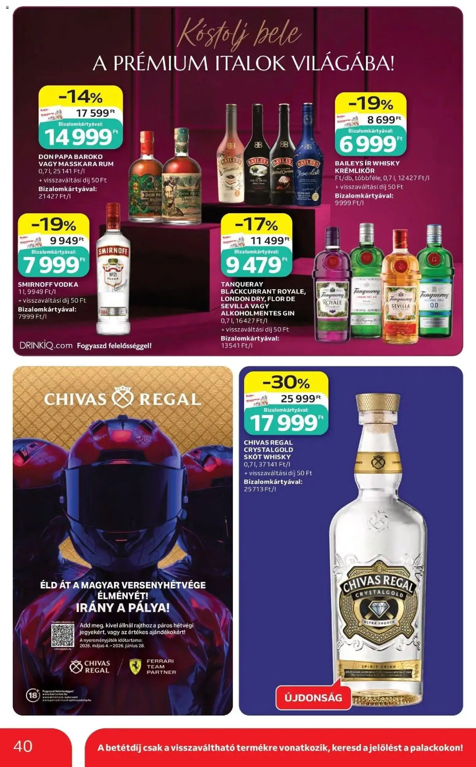 Auchan akciós ujság - amely érvényes a következő dátumtól: 14.05.2026 | Oldal: 40 | Termékek: Krémlikőr, Gin, Vodka, Whisky