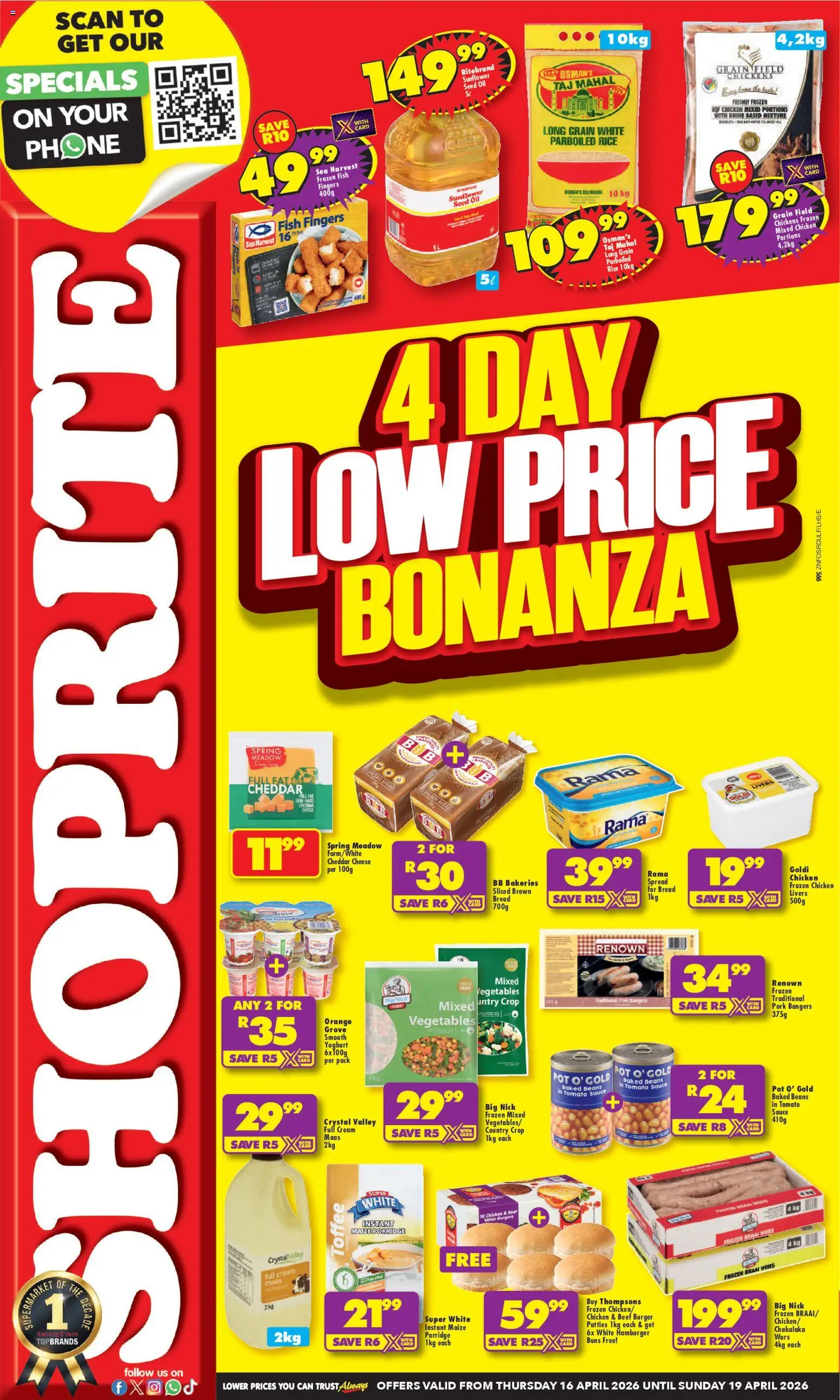 New Shoprite catalogue – valid from 16.04.2026 | Page: 1 | Products: Chicken, Fish, Burgers, Cream