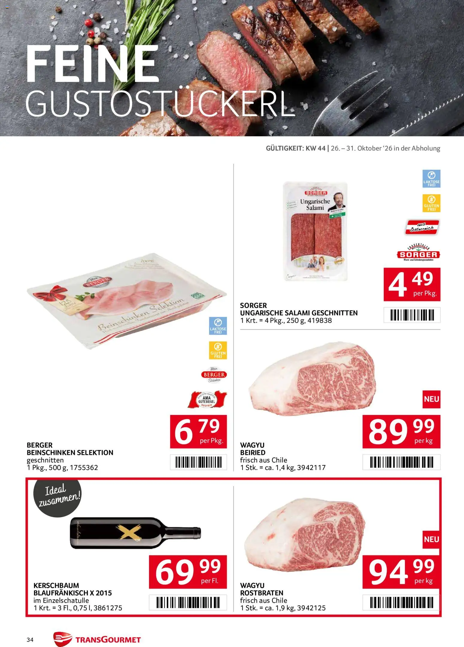 Transgourmet Abhol Aktion gültig ab 26.10.2026 | Seite: 34 | Produkte: Salami, Schinken