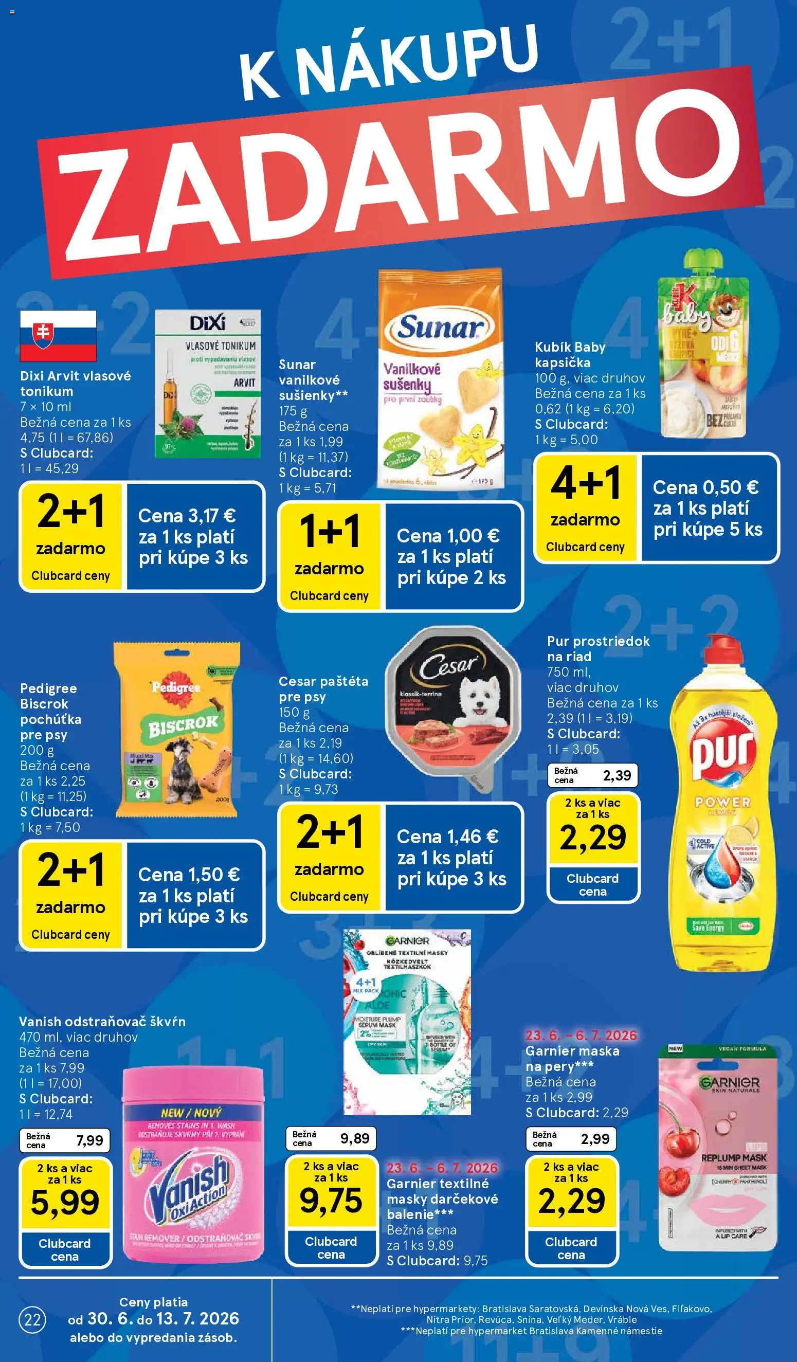 Nové Tesco akcie – leták je platný od 01.07.2026 | Strana: 22 | Produkty: Vanish, Maska, Sunar, Odstraňovač škvŕn