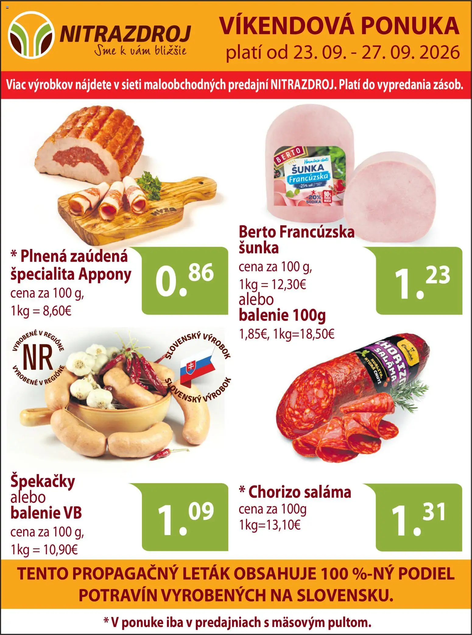 Nové Nitrazdroj akcie – leták je platný od 23.09.2026 | Strana: 1 | Produkty: Saláma, Šunka