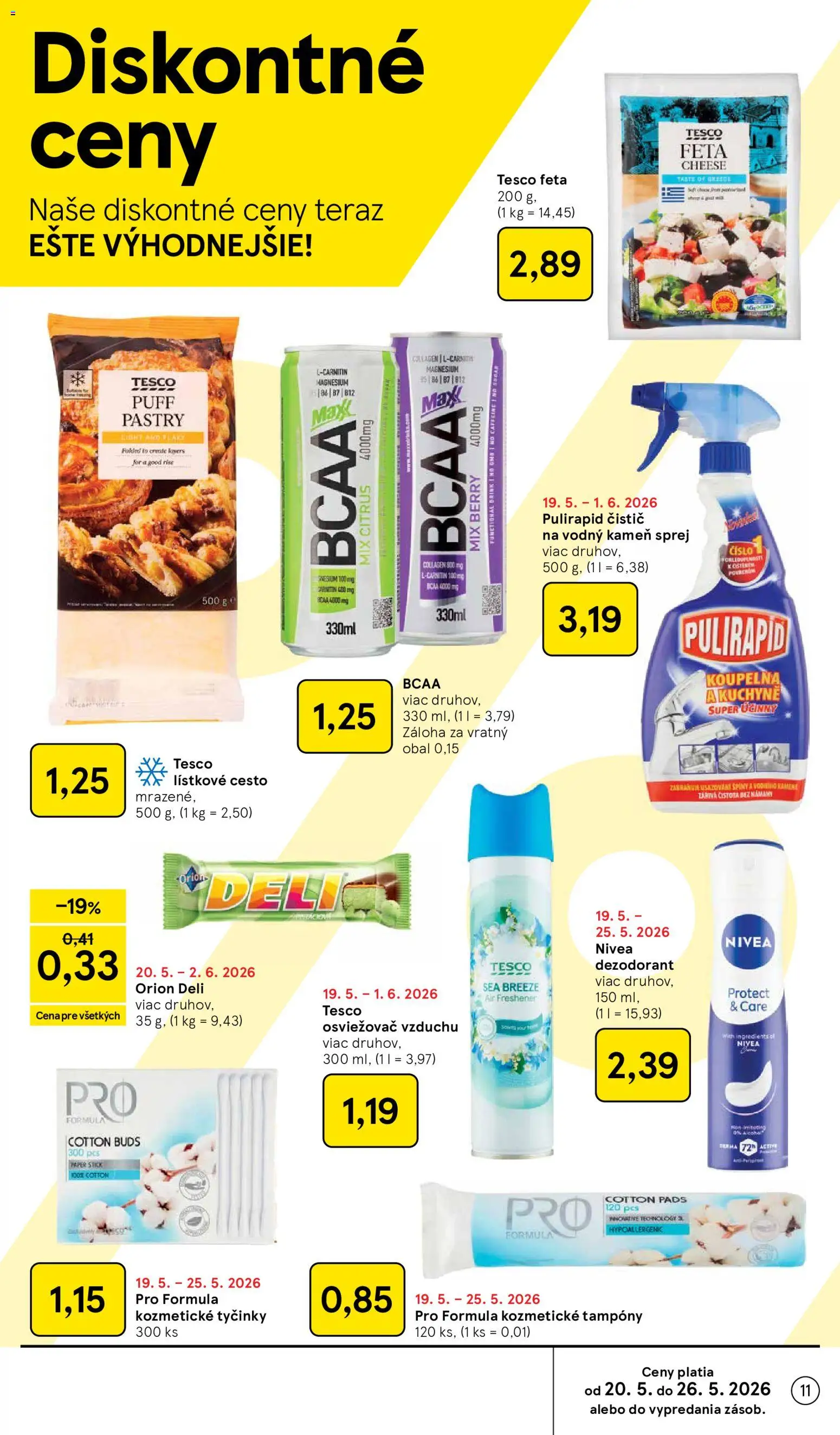 Nové Tesco akcie – leták je platný od 20.05.2026 | Strana: 11 | Produkty: Osviežovač vzduchu, Nivea, Lístkové cesto