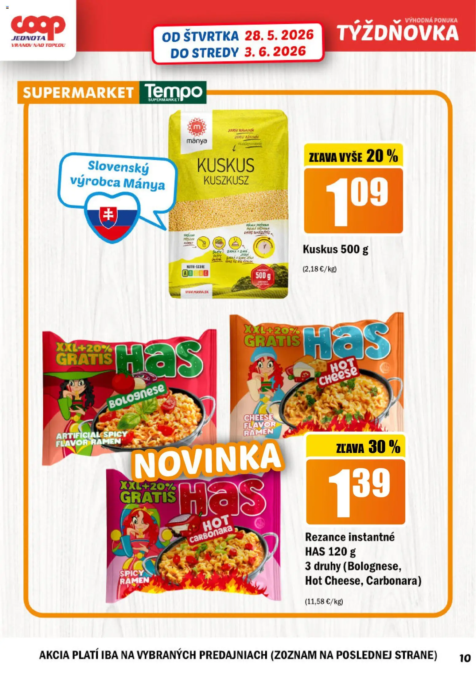 Nové COOP Jednota akcie – leták je platný od 28.05.2026 | Strana: 10 | Produkty: Rezance