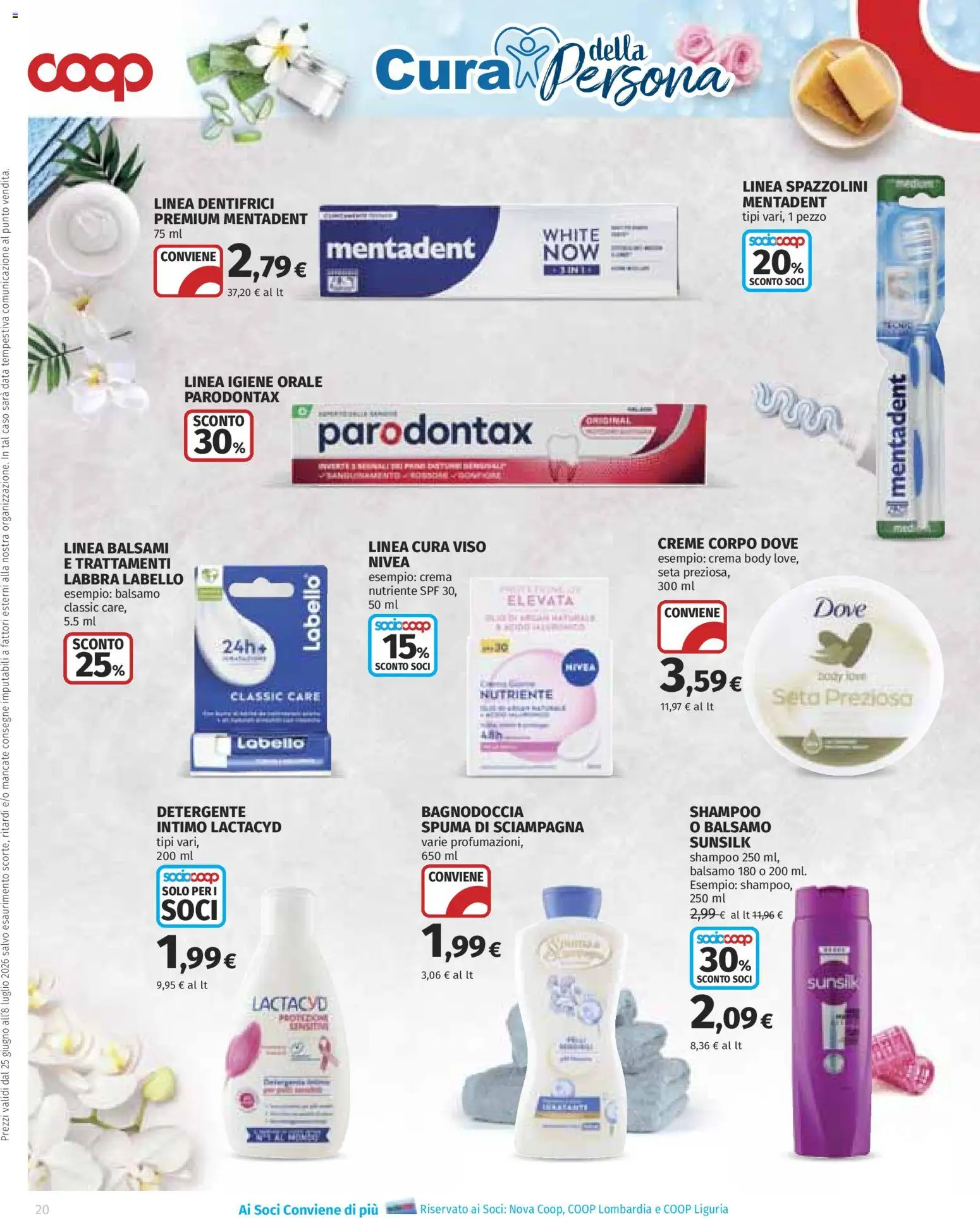 Volantino COOP del 25/06/2026 | Pagina: 20 | Prodotti: Shampoo, Balsamo, Detergente, Intimo