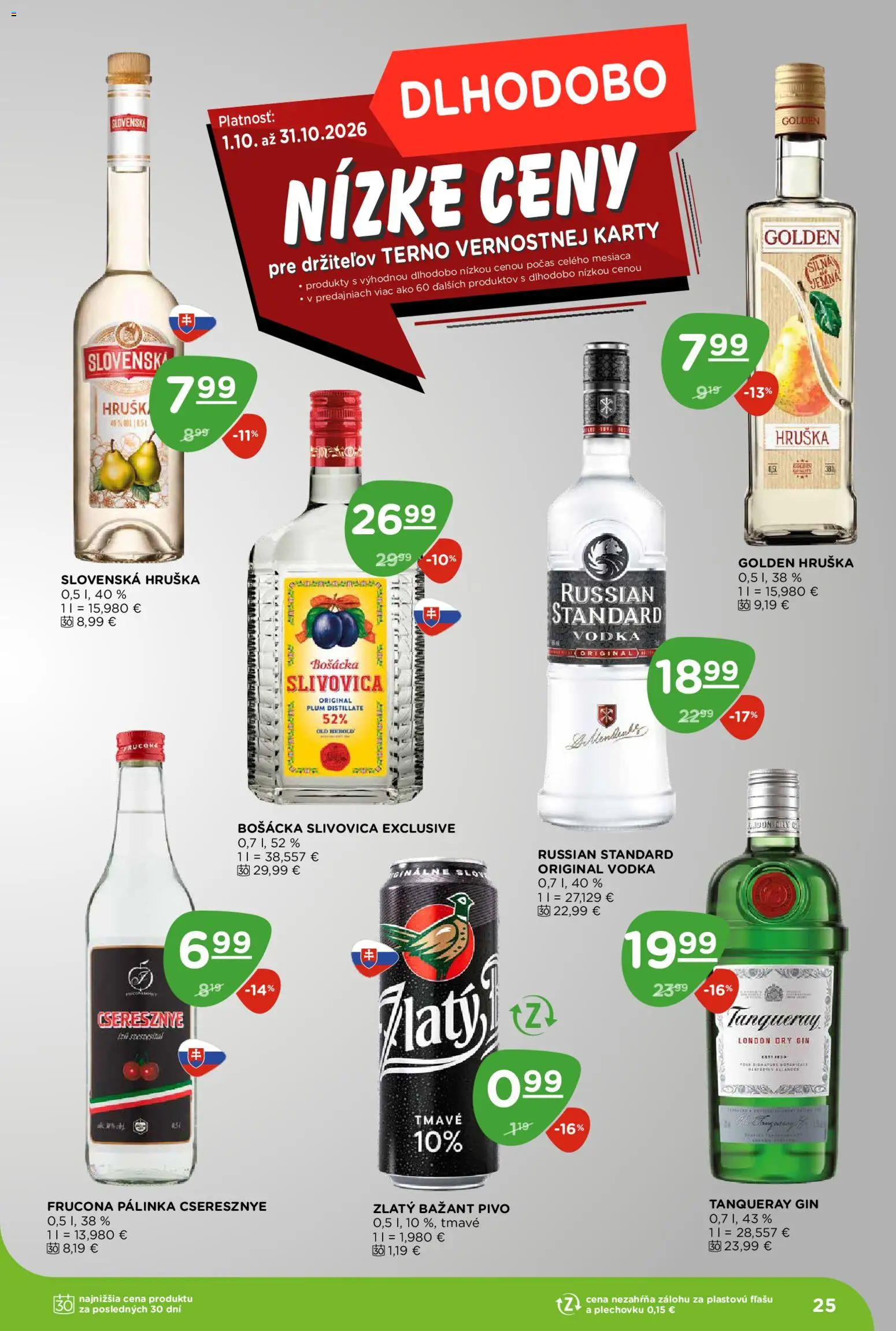 Nové Terno akcie – leták je platný od 08.10.2026 | Strana: 25 | Produkty: Russian Standard, Bošácka slivovica, Zlatý Bažant, Vodka