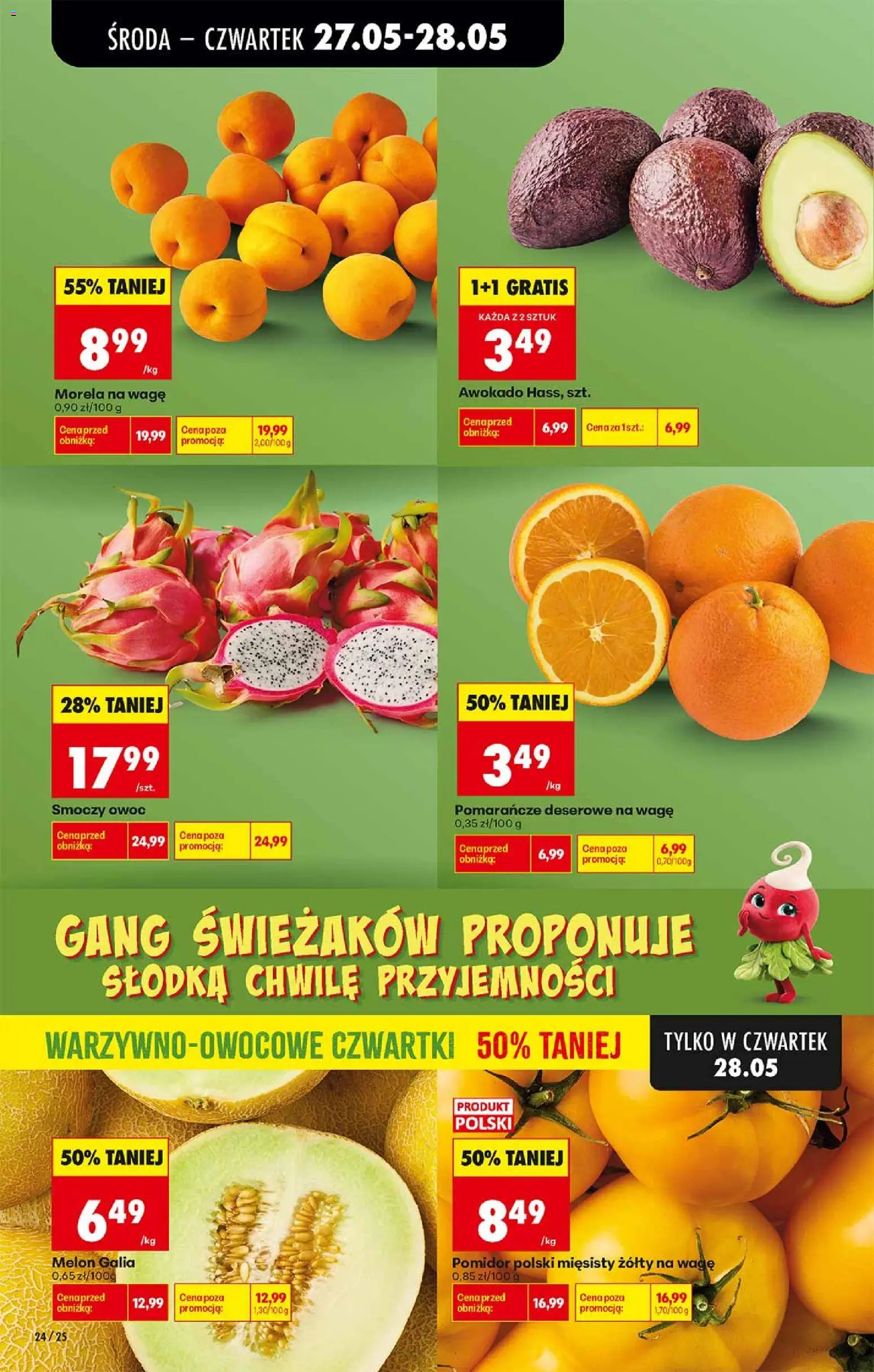 Biedronka gazetka od środy od 27.05.2026 | Strona: 24 | Produkty: Melon, Smoczy owoc, Pomarańcze, Awokado