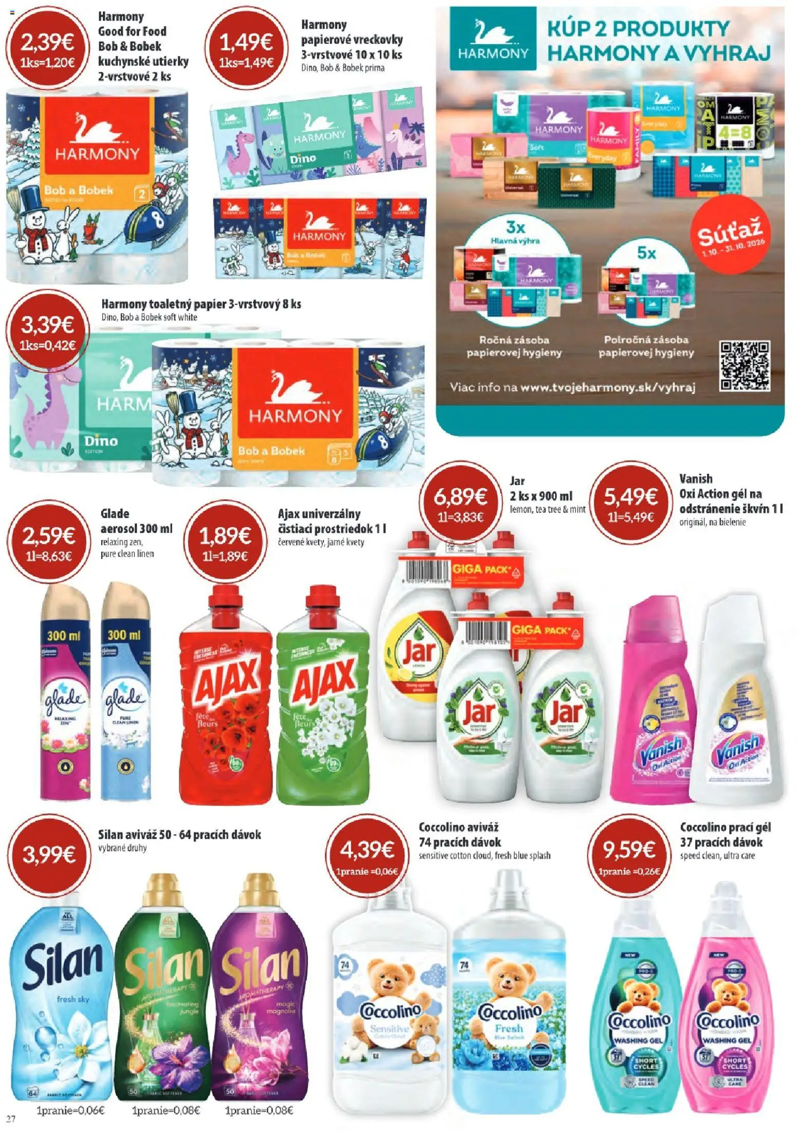 Nové KARMEN CBA akcie – leták je platný od 01.10.2026 | Strana: 27 | Produkty: Čistiaci prostriedok, Toaletný papier 3vrstvový, Coccolino, Utierky
