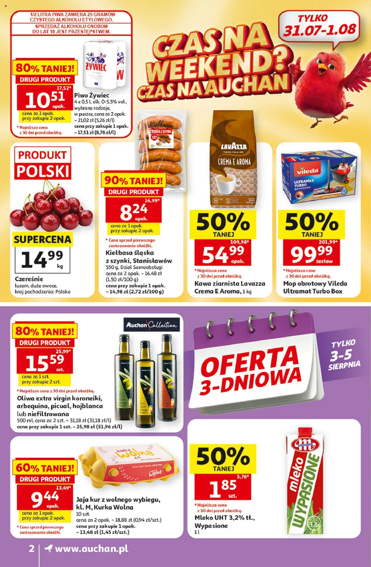 Auchan gazetka od 30.07.2026 | Strona: 2 | Produkty: Kiełbasa, Kawa ziarnista, Lavazza, Oliwa extra virgin