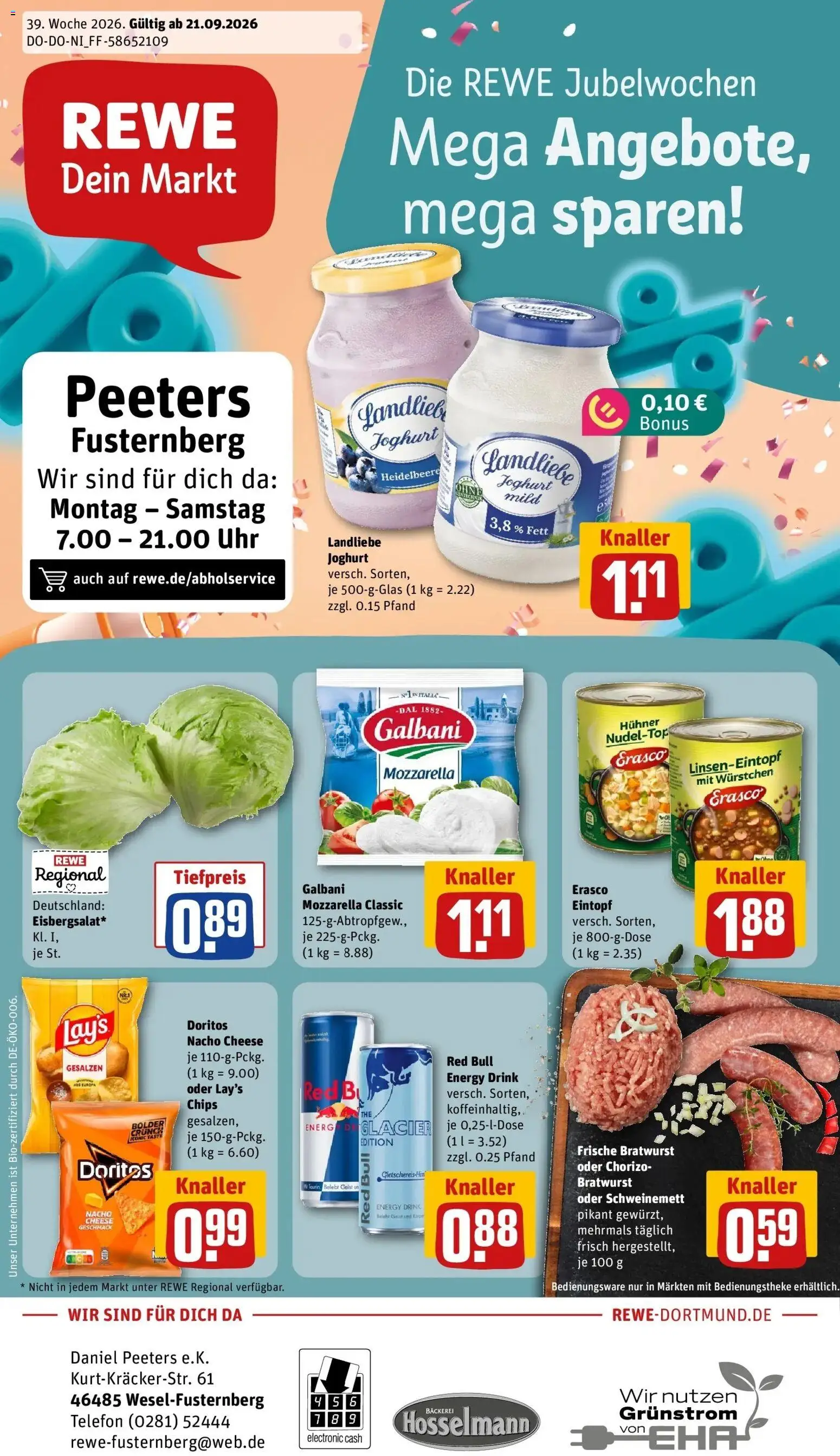 REWE Prospekt ab 21.09.2026 zum Blättern » Angebote | Seite: 1 | Produkte: Mozzarella, Bratwurst, Chips, Telefon