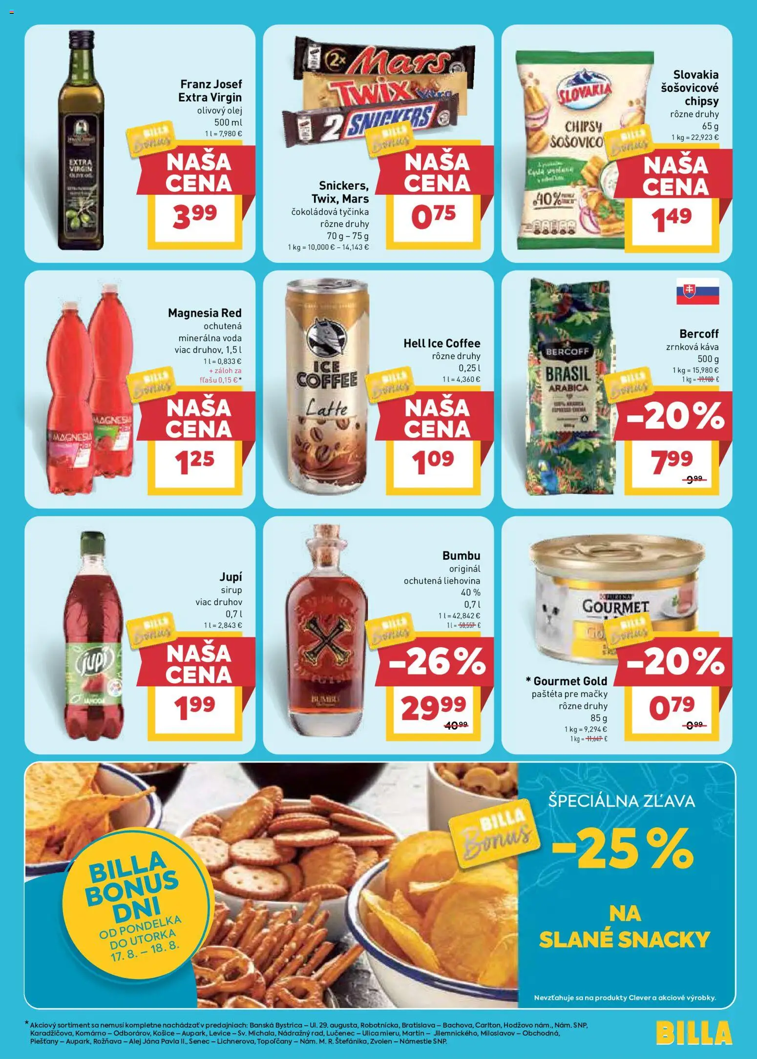 Nové Billa akcie – leták je platný od 12.08.2026 | Strana: 13 | Produkty: Olivový olej, Šošovicové chipsy, Voda, Minerálna voda