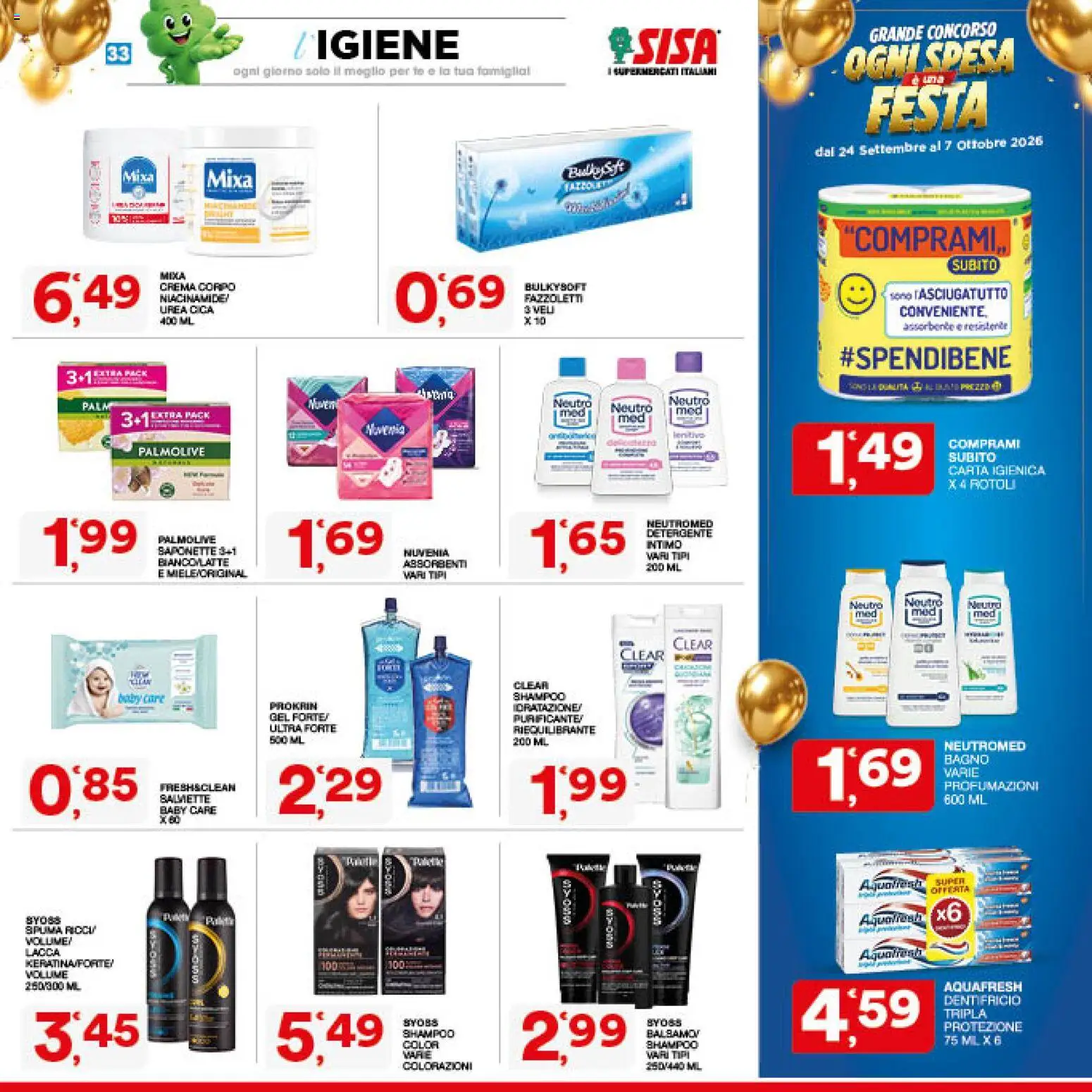 Volantino SISA del 24/09/2026 | Pagina: 33 | Prodotti: Crema, Dentifricio, Intimo, Bagno