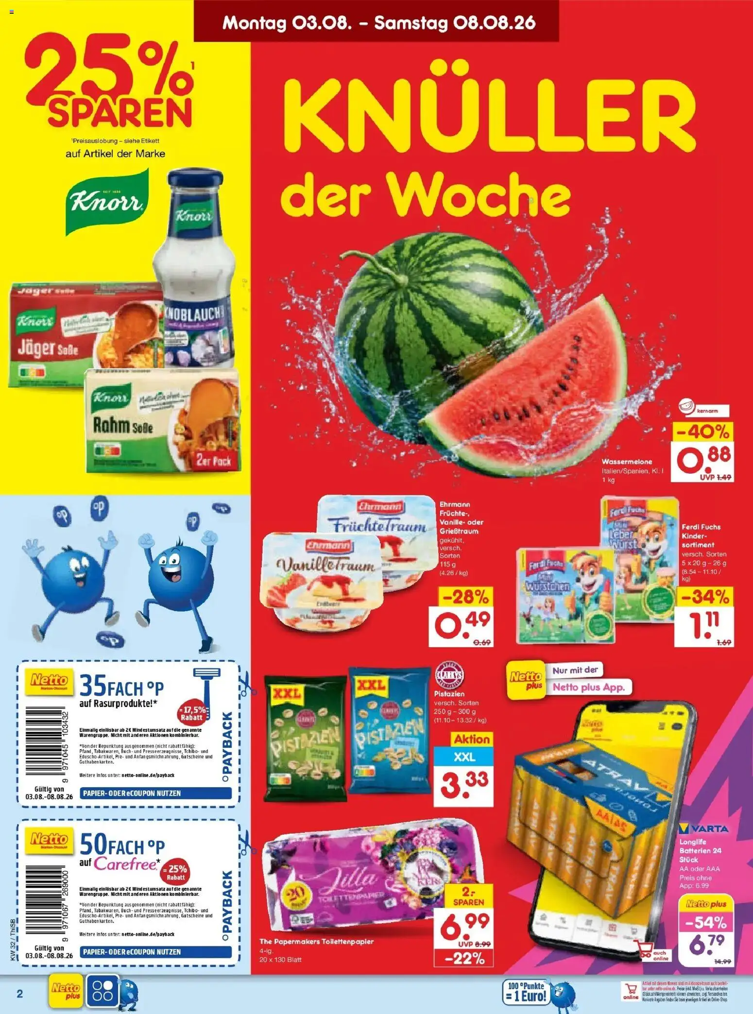 Netto Marken-Discount Prospekt Pirna – gültig ab 03.08.2026 | Seite: 2 | Produkte: Batterien, Pistazien, Wassermelone, Toilettenpapier