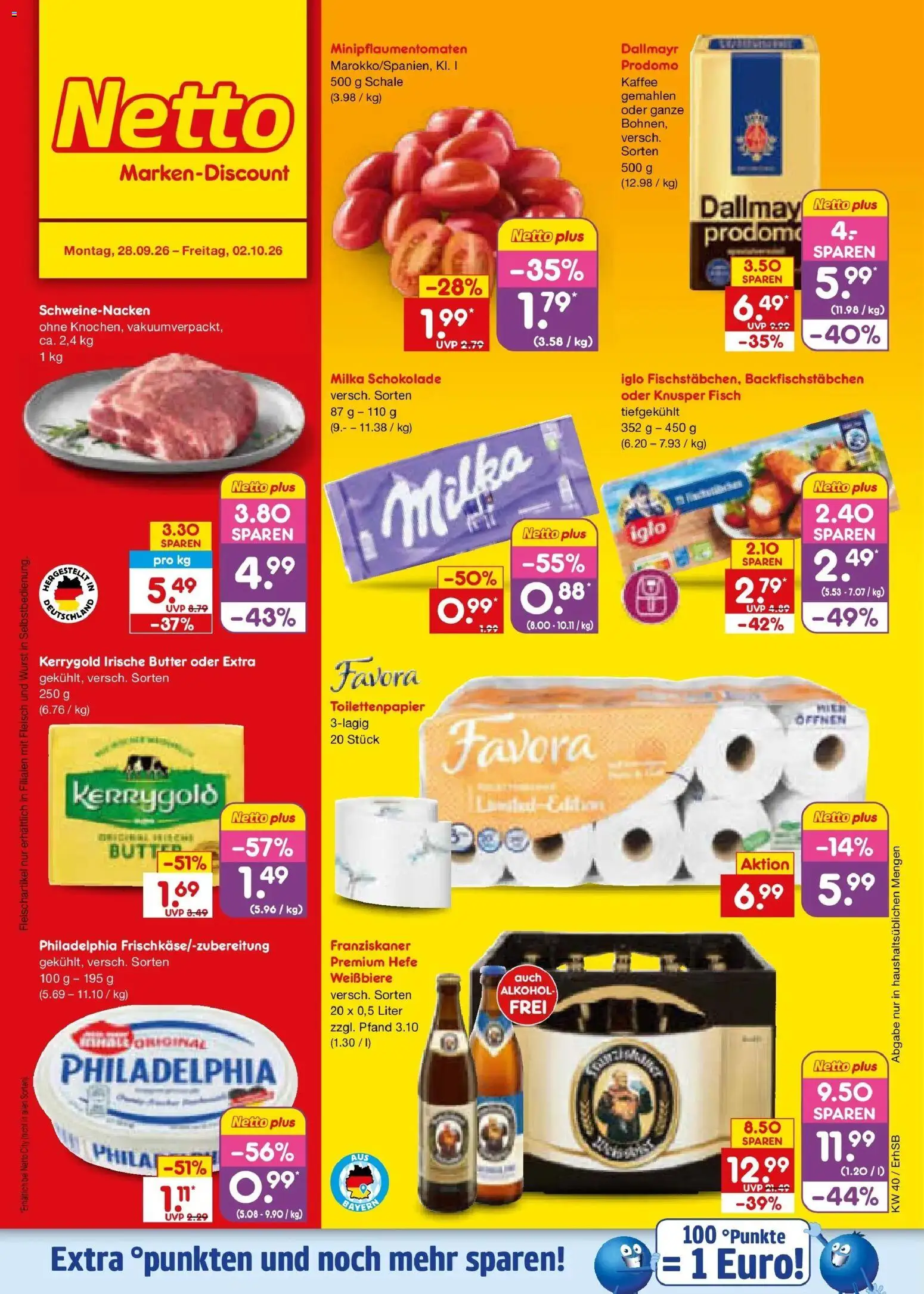 Netto Marken-Discount Prospekt Mauern (ab 28.09.2026) » Angebote | Seite: 1 | Produkte: Butter, Milka schokolade, Schweinenacken, Wurst
