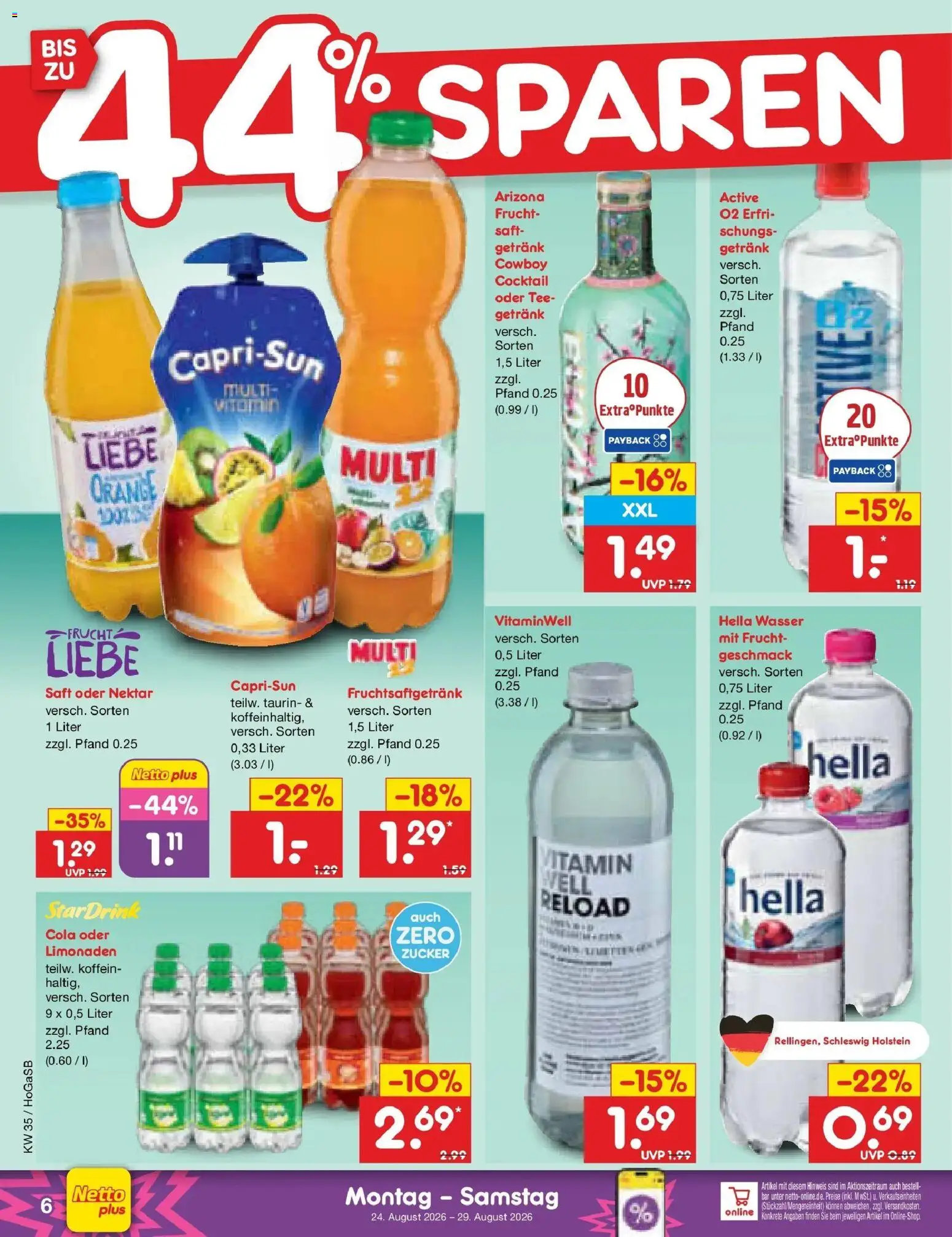 Netto Marken-Discount Prospekt Hannover (ab 24.08.2026) » Angebote | Seite: 6 | Produkte: Wasser, Zucker, Hella, Saft