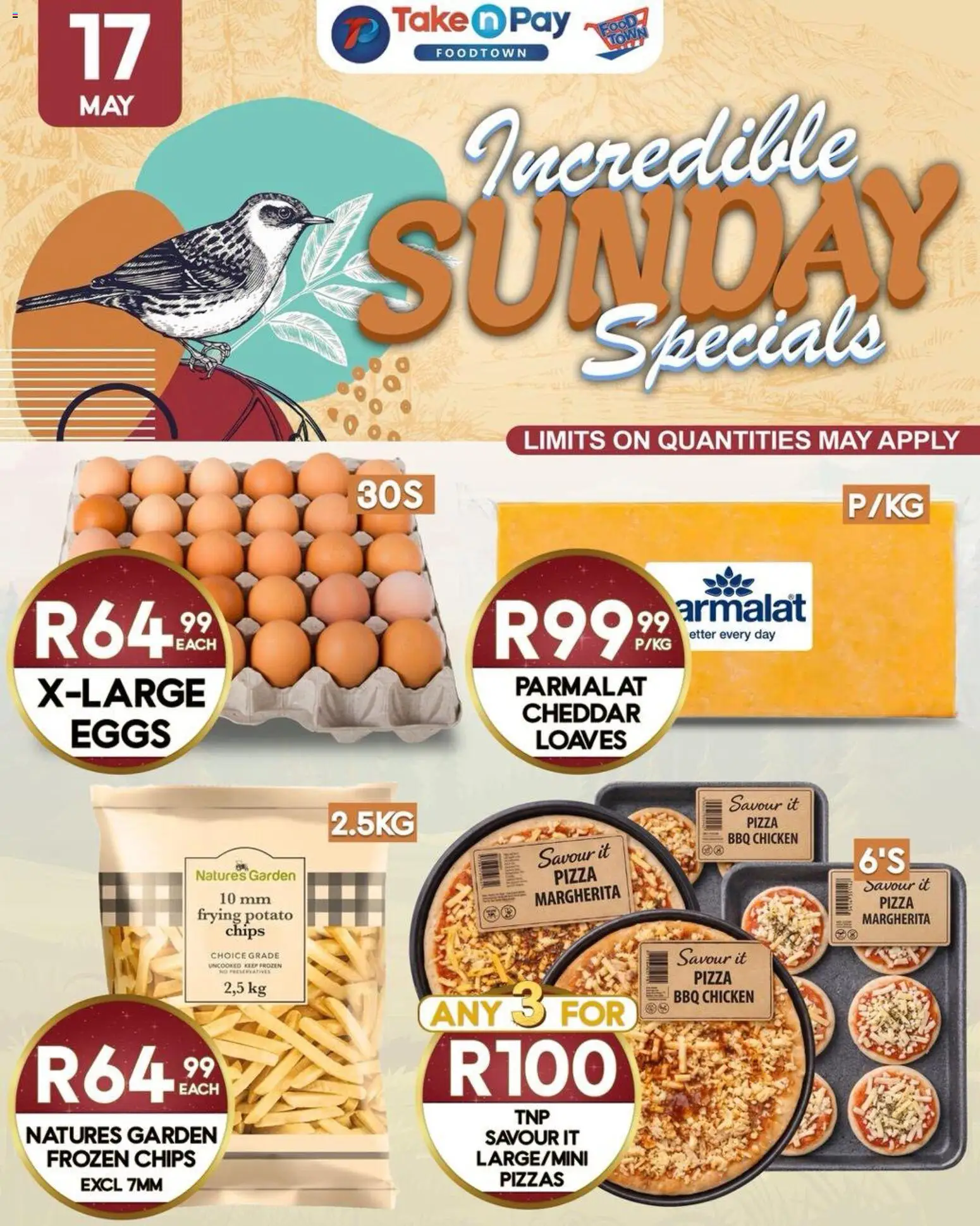 New Take n Pay catalogue – valid from 17.05.2026 | Page: 1 | Products: Eggs, Pizza, Chicken, Chips