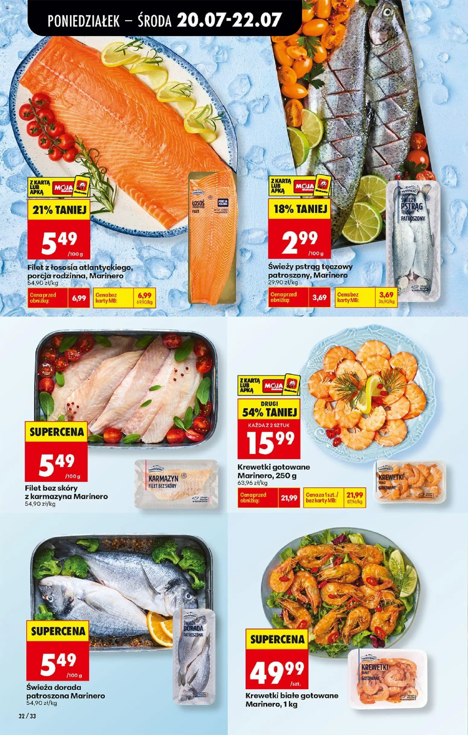Biedronka gazetka od poniedziałku od 20.07.2026 | Strona: 38 | Produkty: Krewetki, Pstrąg, Dorada, Filet z łososia