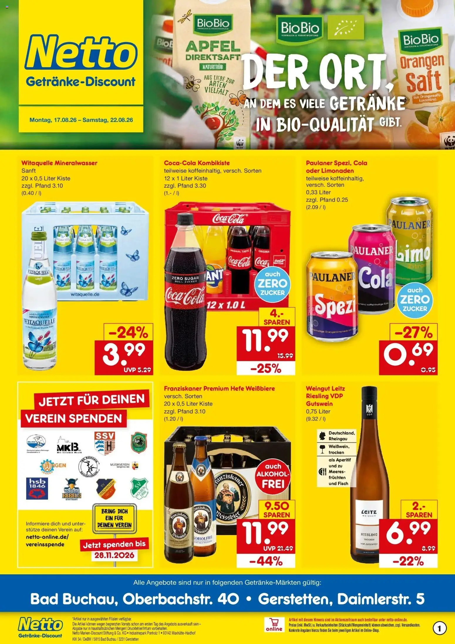 Netto Marken-Discount Prospekt Gerstetten – gültig ab 17.08.2026 | Seite: 1 | Produkte: Bad, Orangen, Fisch, Alkohol