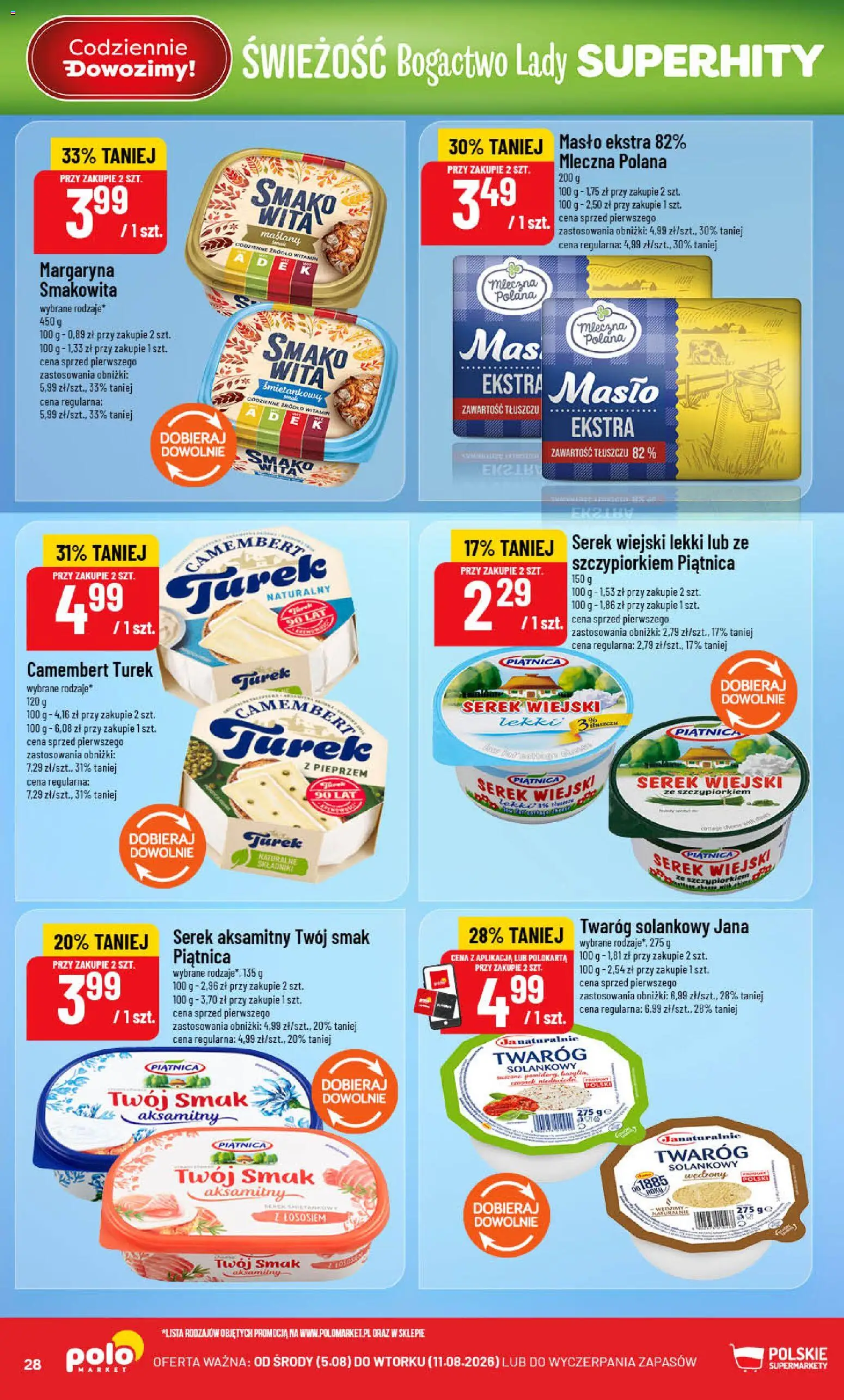 POLOmarket gazetka od 05.08.2026 | Strona: 28 | Produkty: Piątnica, Camembert, Serek wiejski, Masło