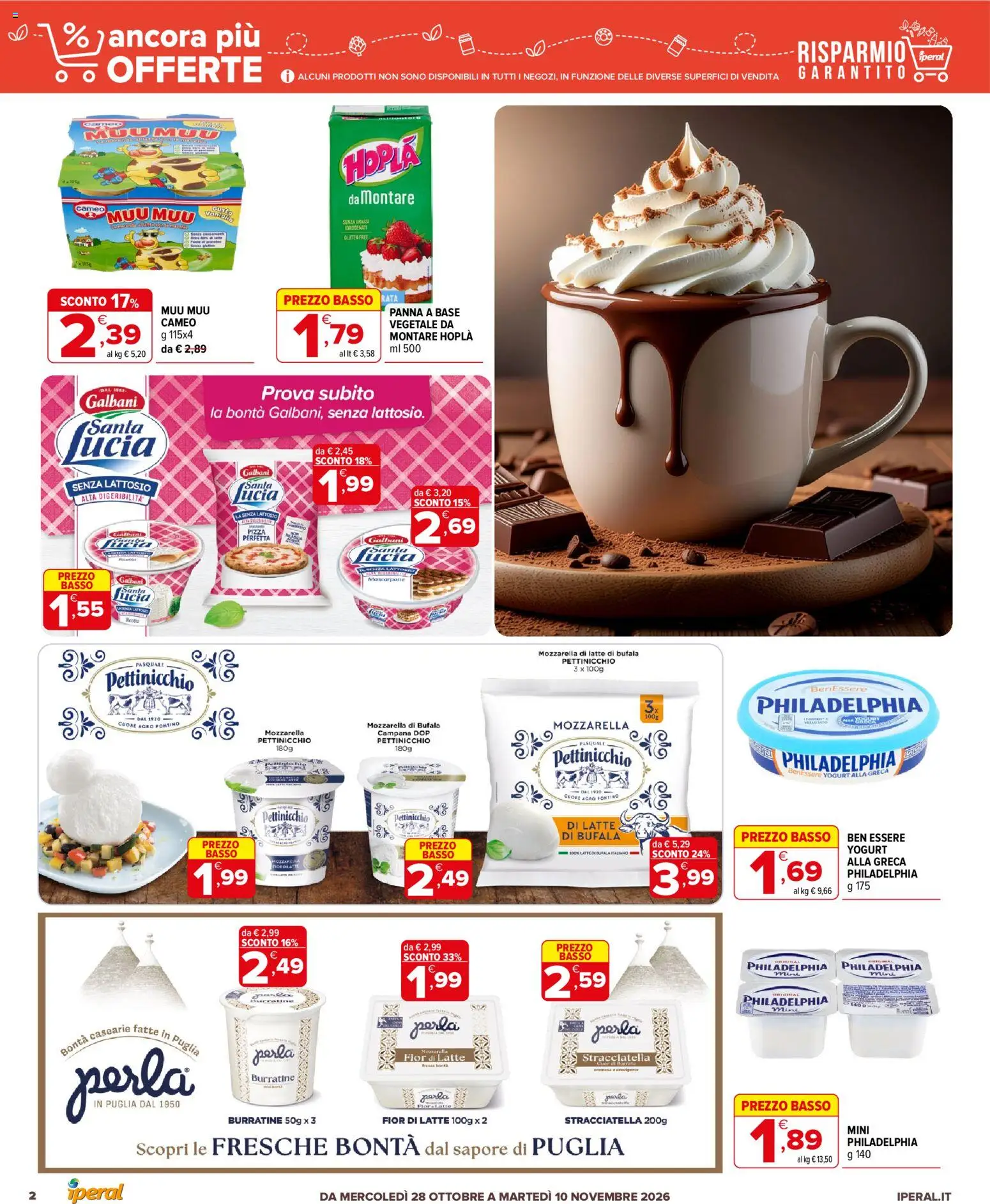 Volantino Iperal del 28/10/2026 | Pagina: 2 | Prodotti: Yogurt, Panna, Mozzarella, Senza lattosio
