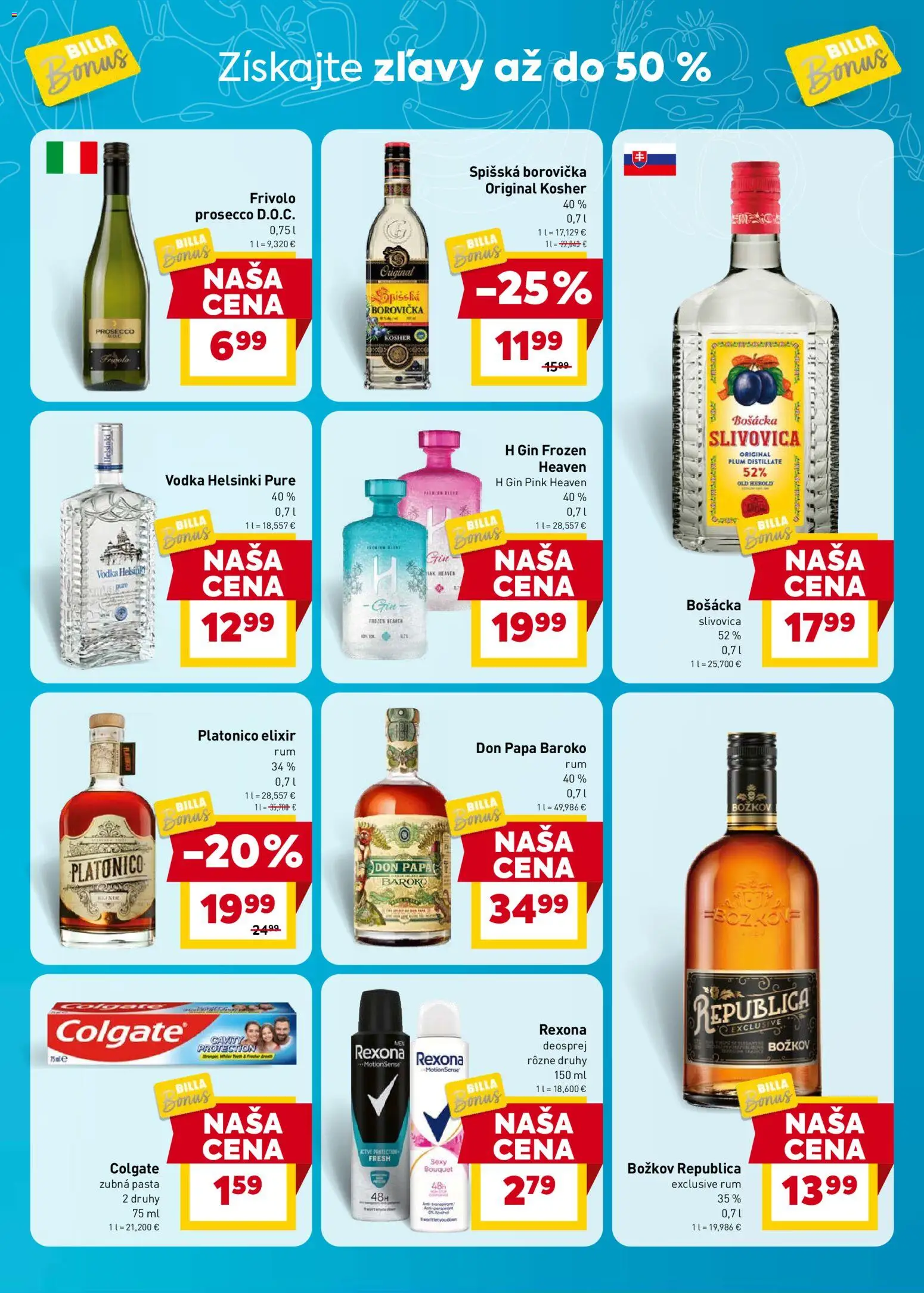 Nové Billa akcie – leták je platný od 13.05.2026 | Strana: 7 | Produkty: Bošácka slivovica, Božkov, Republica, Don Papa
