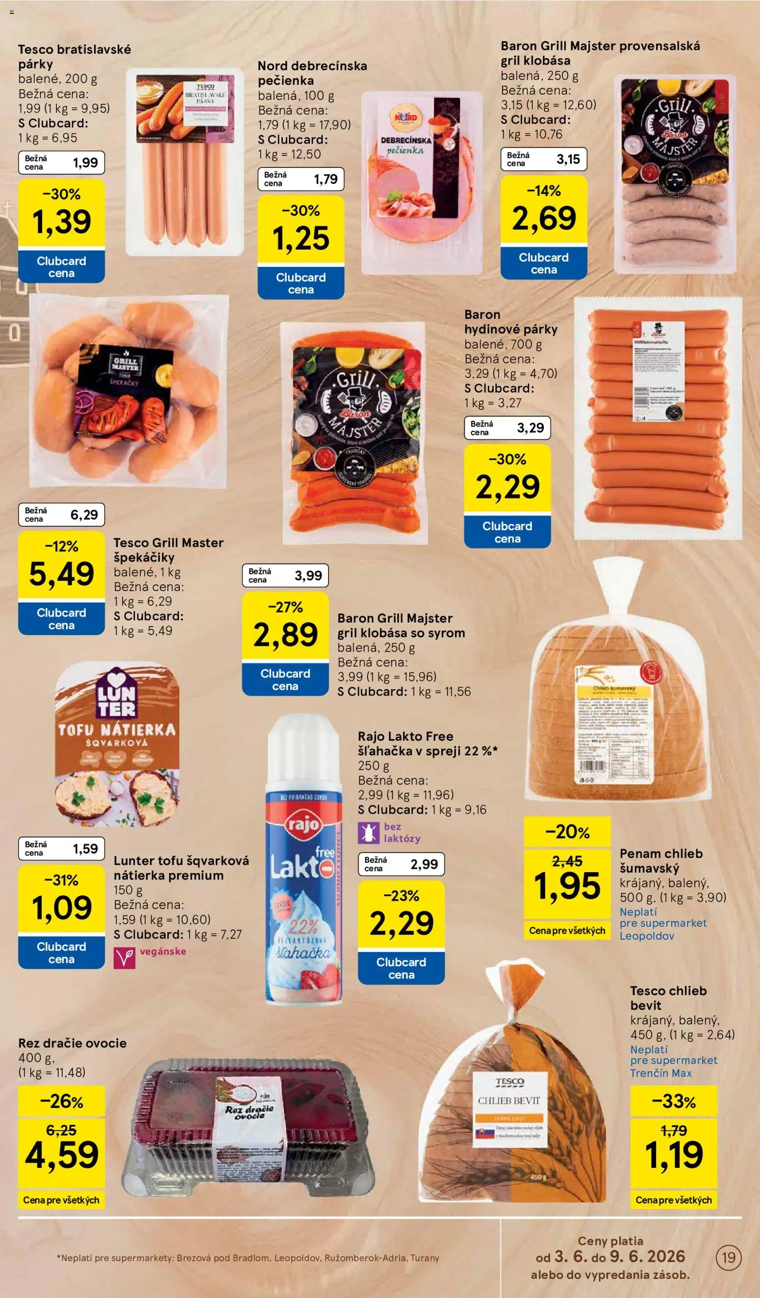 Nové Tesco akcie – leták je platný od 03.06.2026 | Strana: 19 | Produkty: Gril, Chlieb, Párky, Šľahačka
