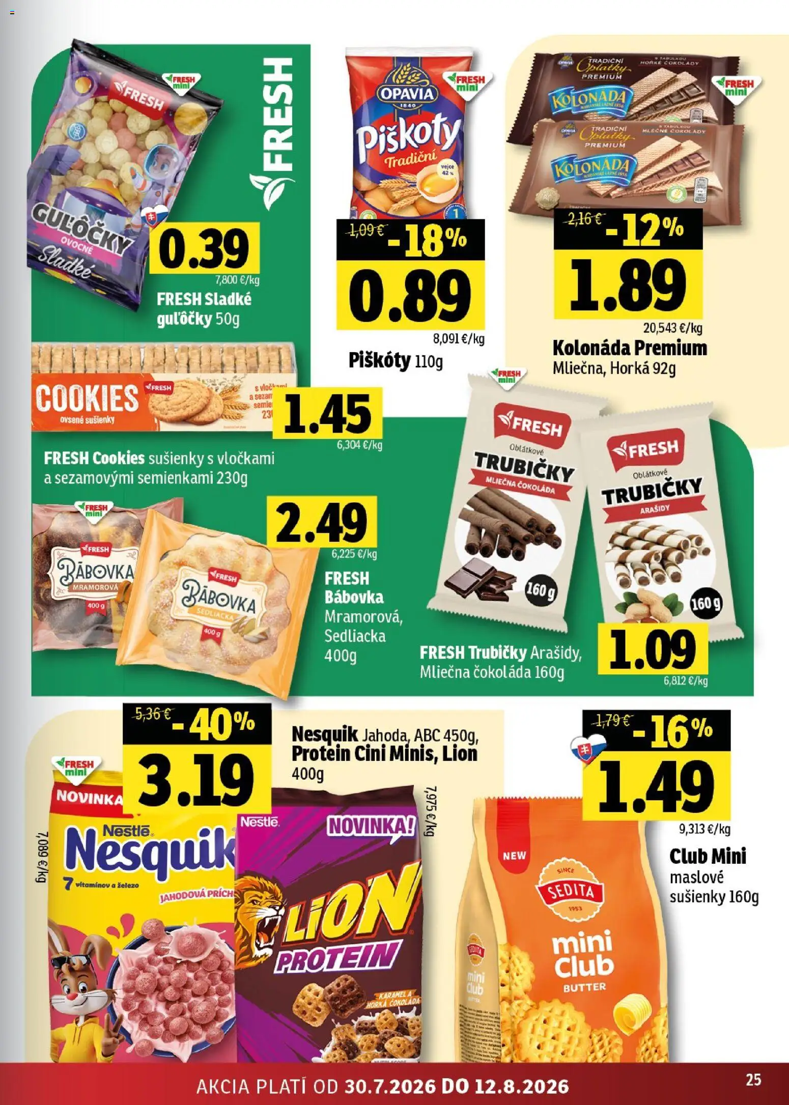 Nové Fresh akcie – leták je platný od 30.07.2026 | Strana: 25 | Produkty: Protein, Čokoláda, Arašidy, Nesquik