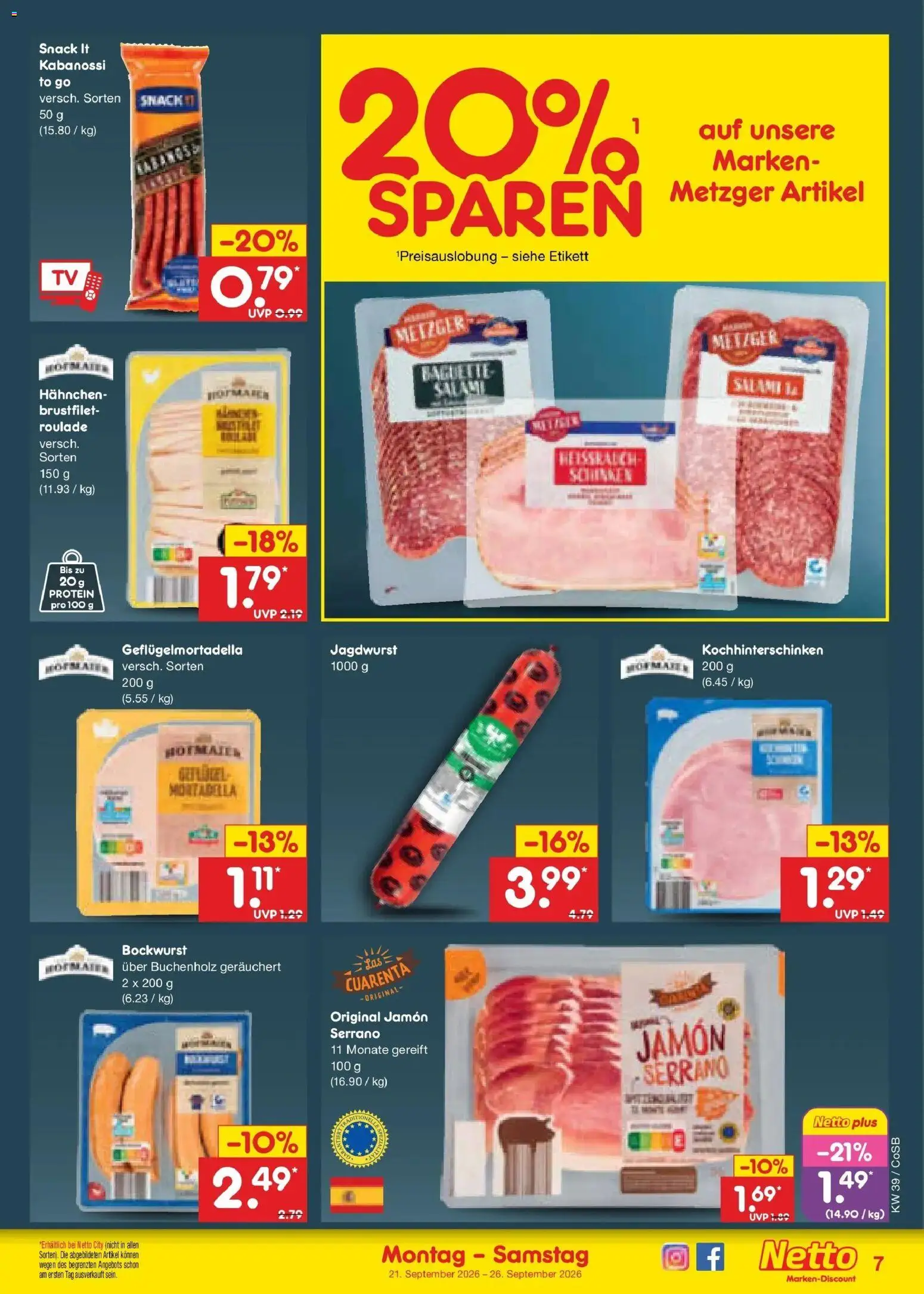 Netto Marken-Discount Prospekt Leipzig – gültig ab 21.09.2026 | Seite: 11 | Produkte: Hahnchen, Baguette, Salami, TV