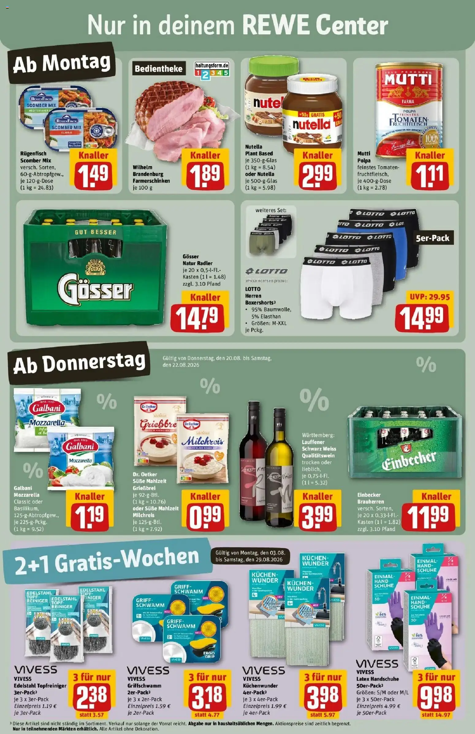 REWE Prospekt ab 17.08.2026 zum Blättern » Angebote | Seite: 3 | Produkte: Mozzarella, Tomaten, Nutella, Kuchen
