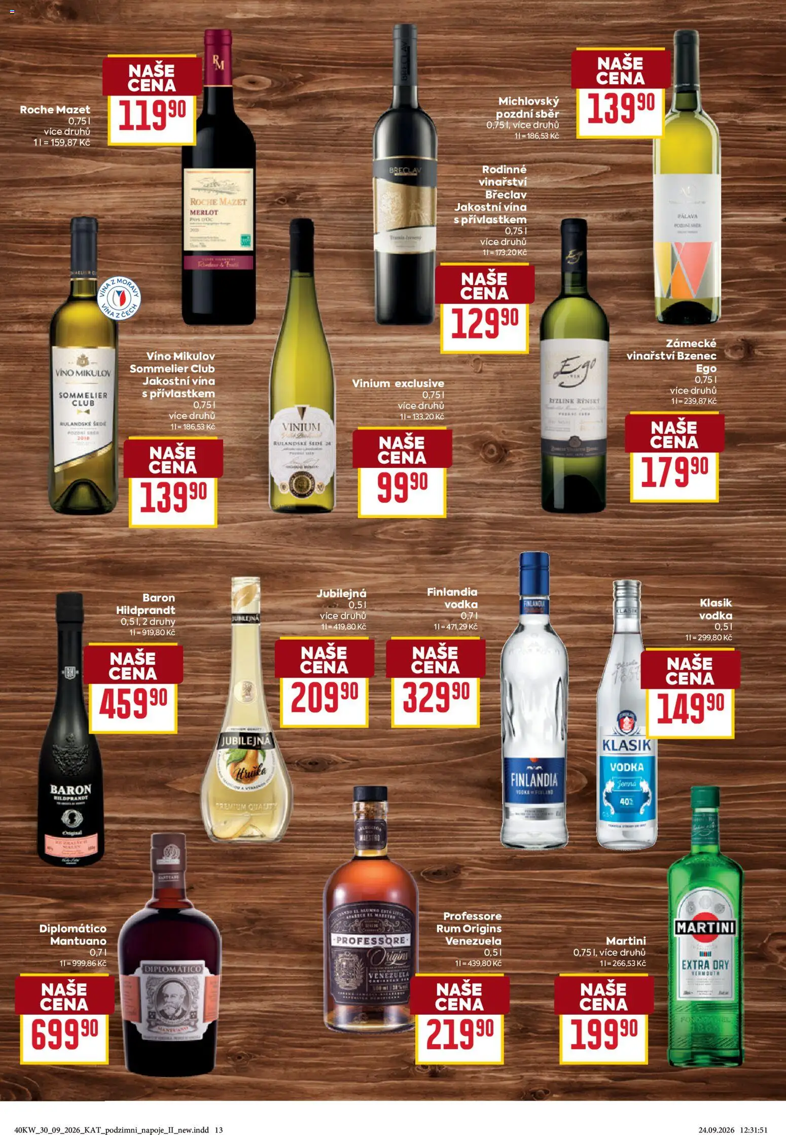 Billa leták Podzimní nápoje od 30.09.2026 | Strana: 13 | Produkty: Rum, Martini, Vodka, Finlandia vodka