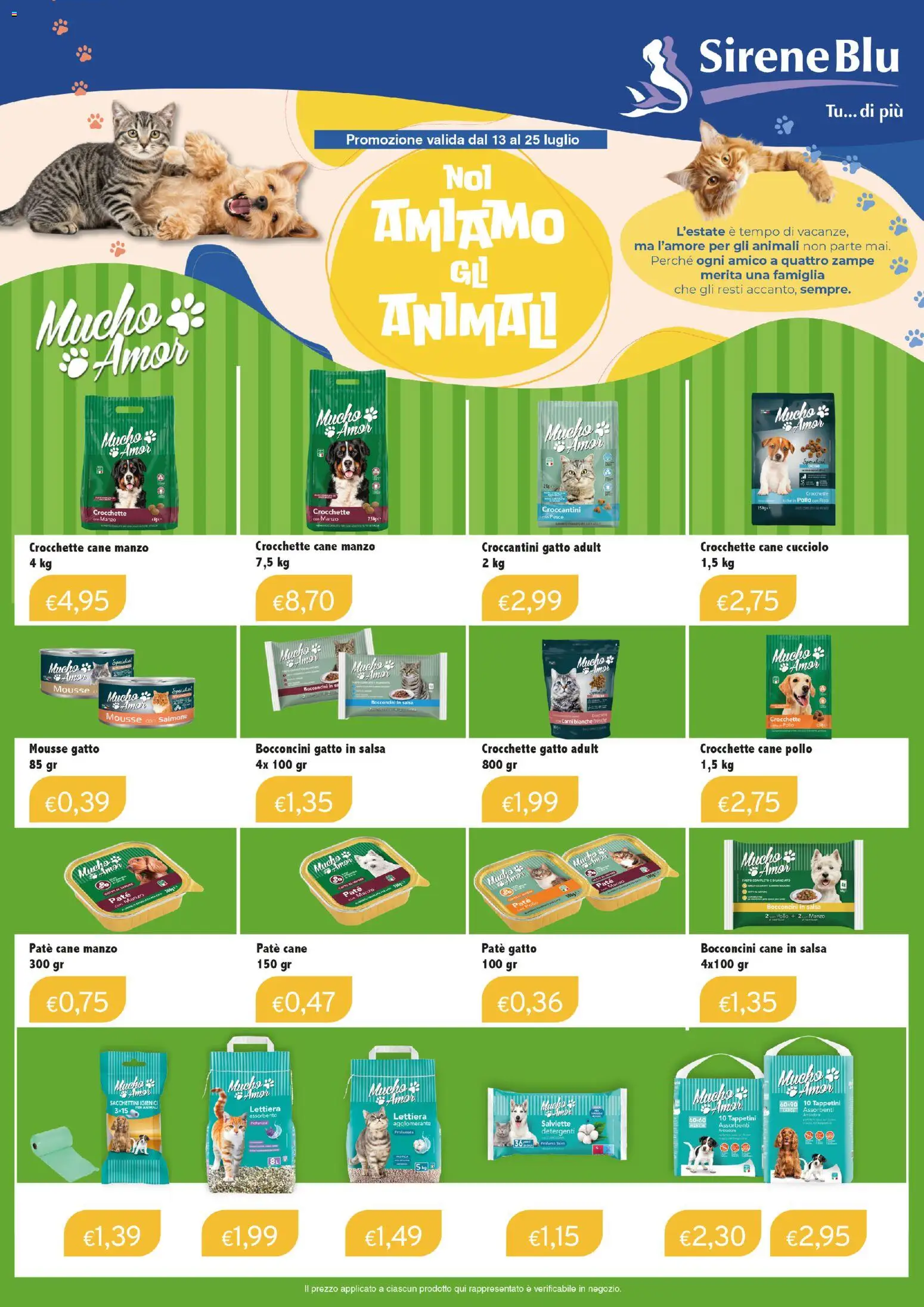 Volantino Sirene Blu del 13/07/2026 | Pagina: 1 | Prodotti: Pollo, Salmone, Manzo, Crocchette gatto