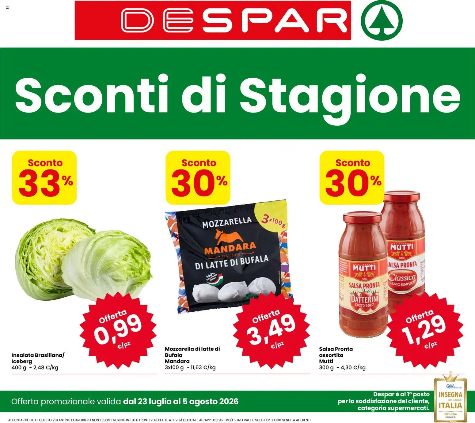 Volantino Despar del 23/07/2026 | Pagina: 1 | Prodotti: Insalata, Salsa, Latte, Mutti