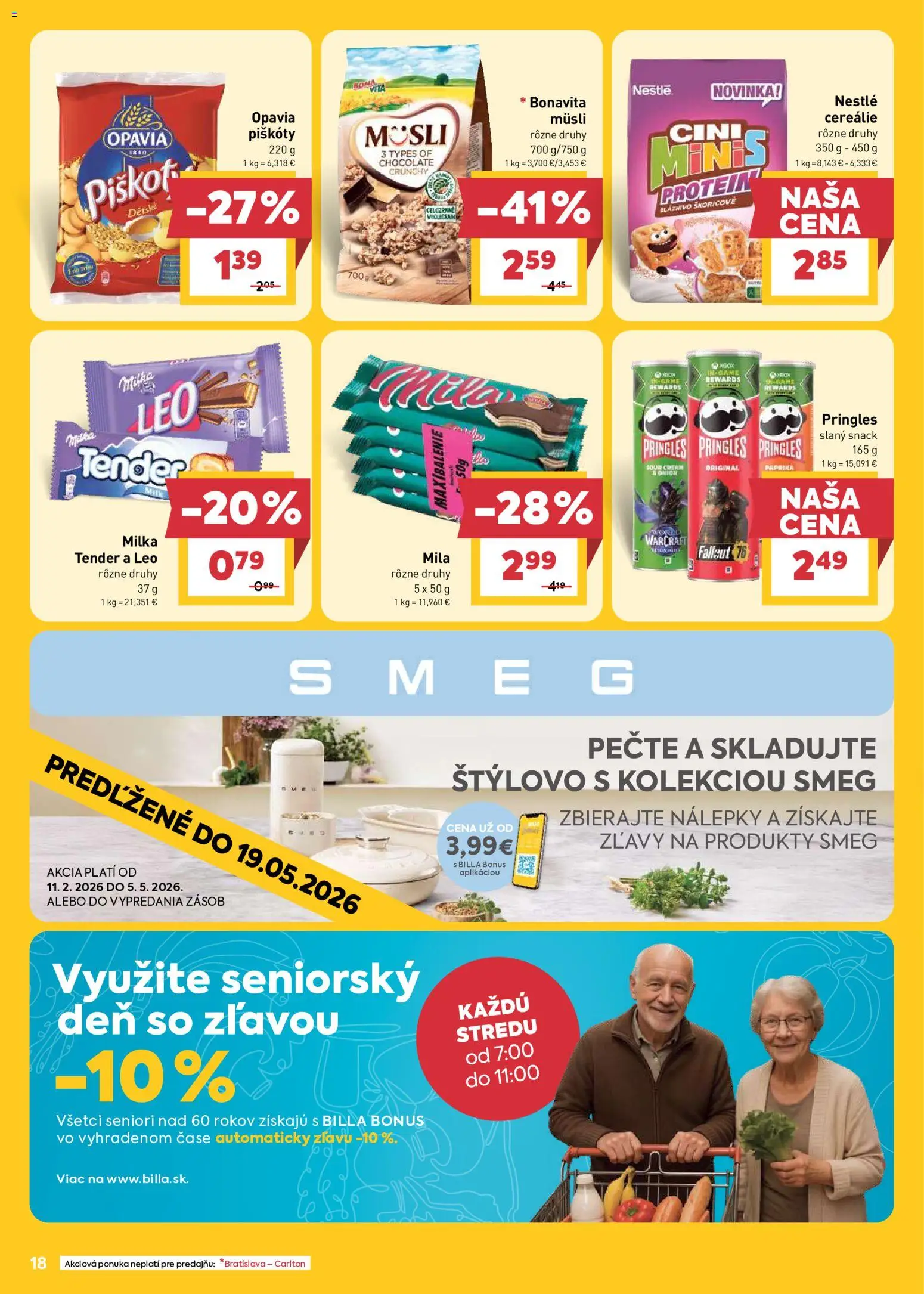Nové Billa akcie – leták je platný od 13.05.2026 | Strana: 18 | Produkty: Paprika, Protein, Pringles, Cereálie