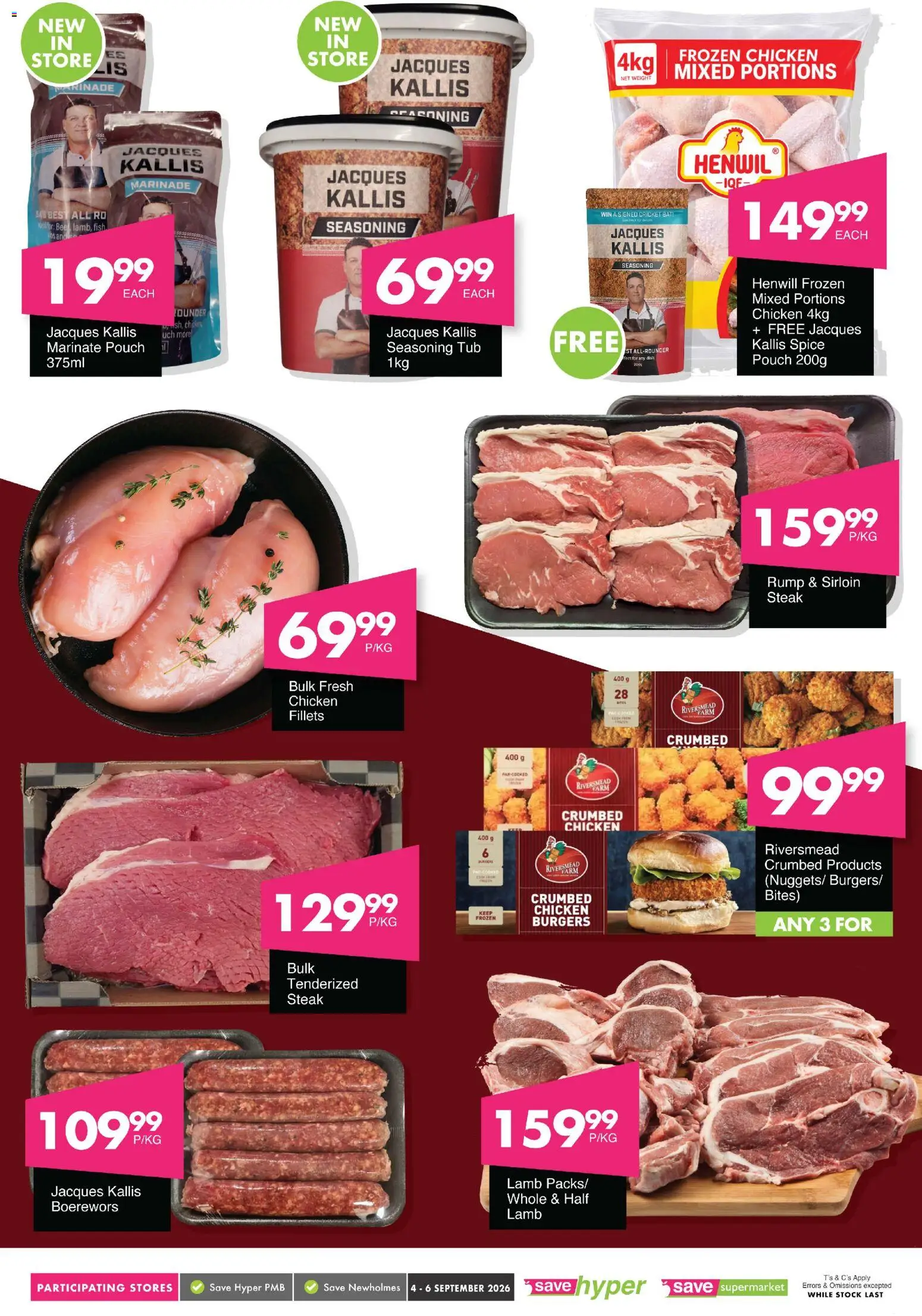 New Save catalogue – valid from 04/09/2026 | Page: 9 | Products: Steak, Boerewors, Frozen chicken, Seasoning