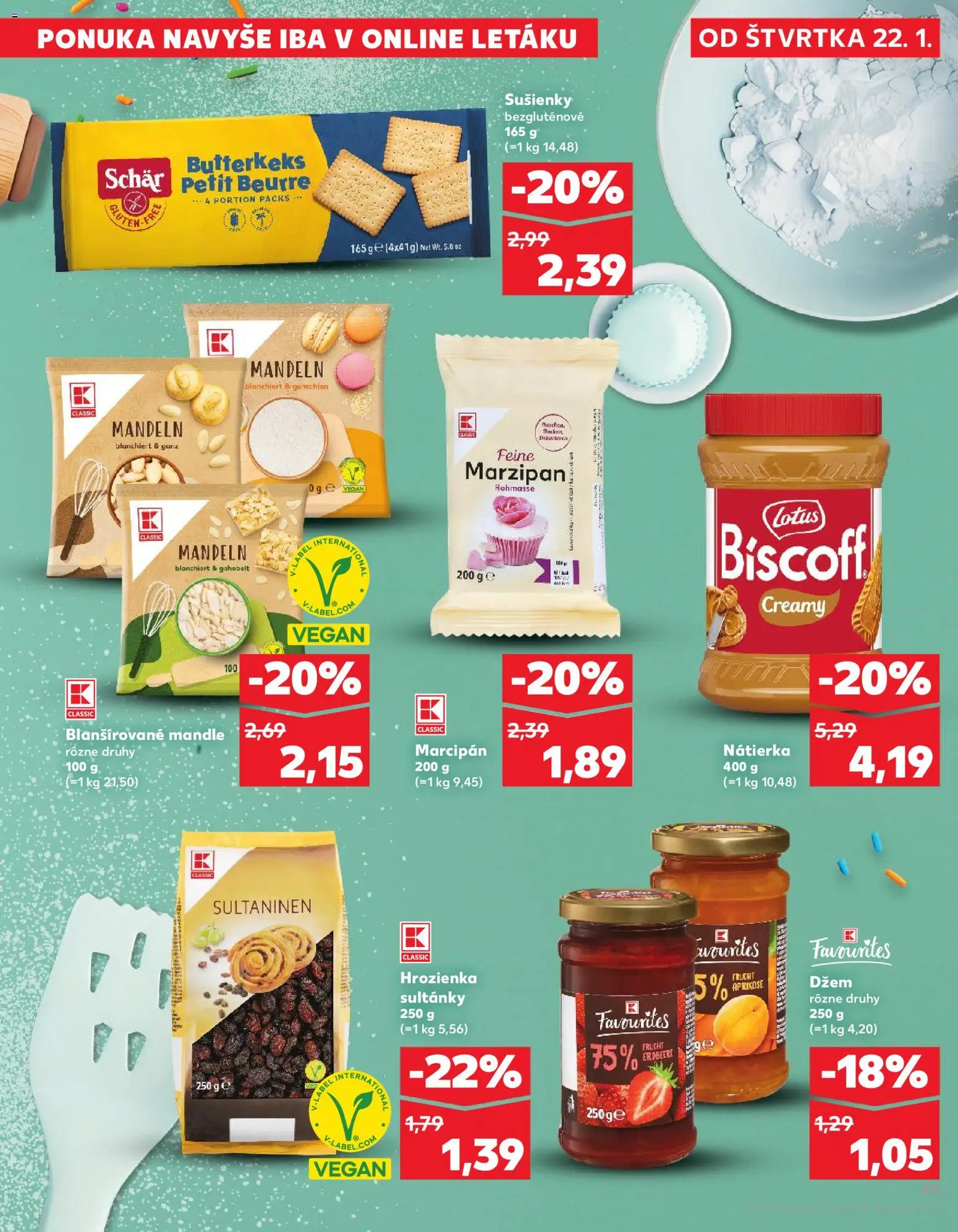 Nové Kaufland akcie – leták je platný od 22.01.2026 | Strana: 45 | Produkty: Džem, Sušienky, Hrozienka, Mandle