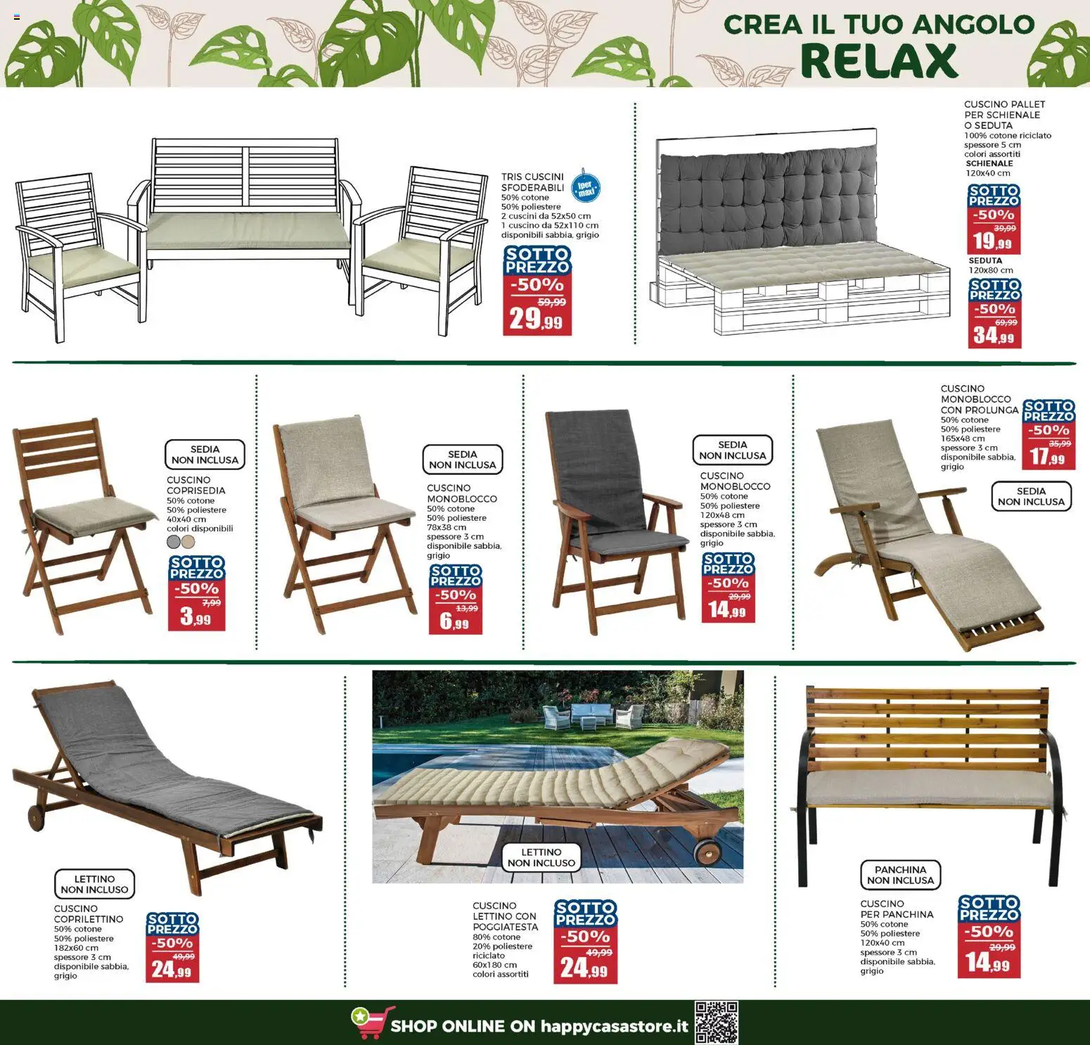 Volantino Happy Casa del 15.04.2026 | Pagina: 16 | Prodotti: Panchina, Lettino, Cuscino, Coprisedia