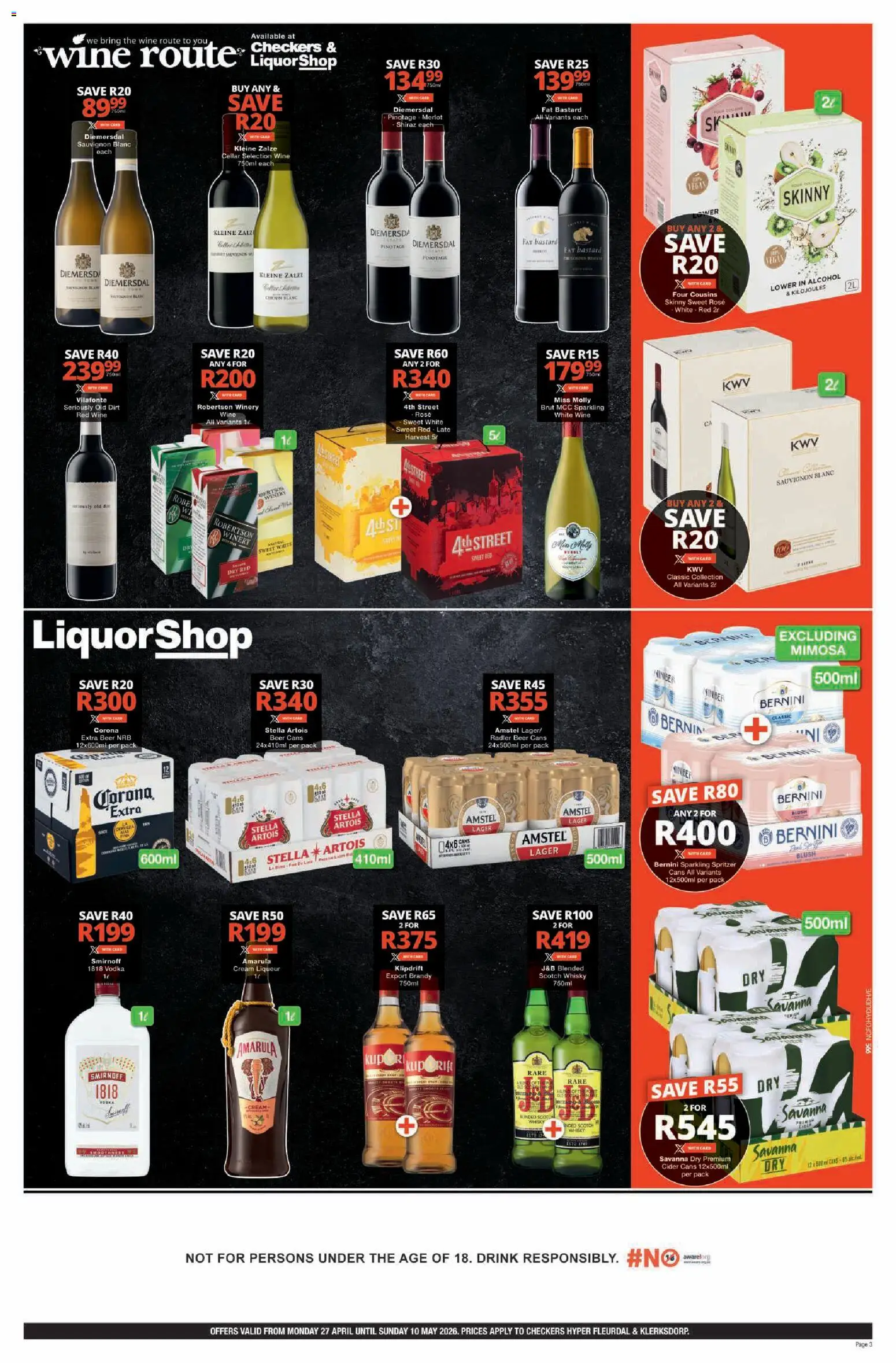 New Checkers catalogue – valid from 27.04.2026 | Page: 3 | Products: Brandy, Cider, Cream, Vodka