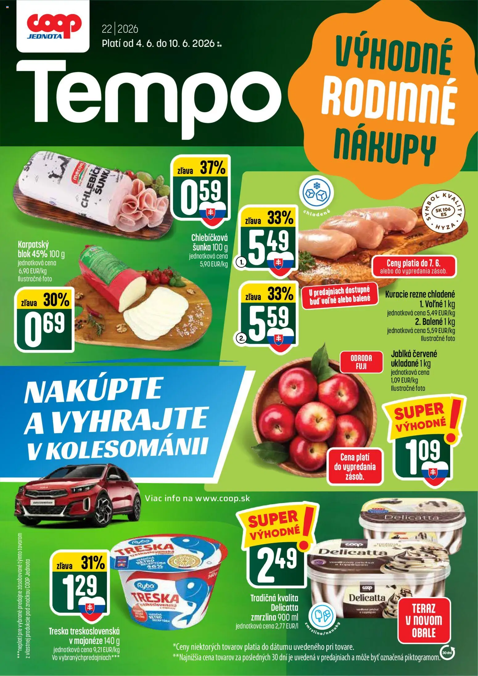 Nové COOP Jednota akcie – leták je platný od 04.06.2026 | Strana: 1 | Produkty: Šunka, Jablká, Kuracie rezne, Treska