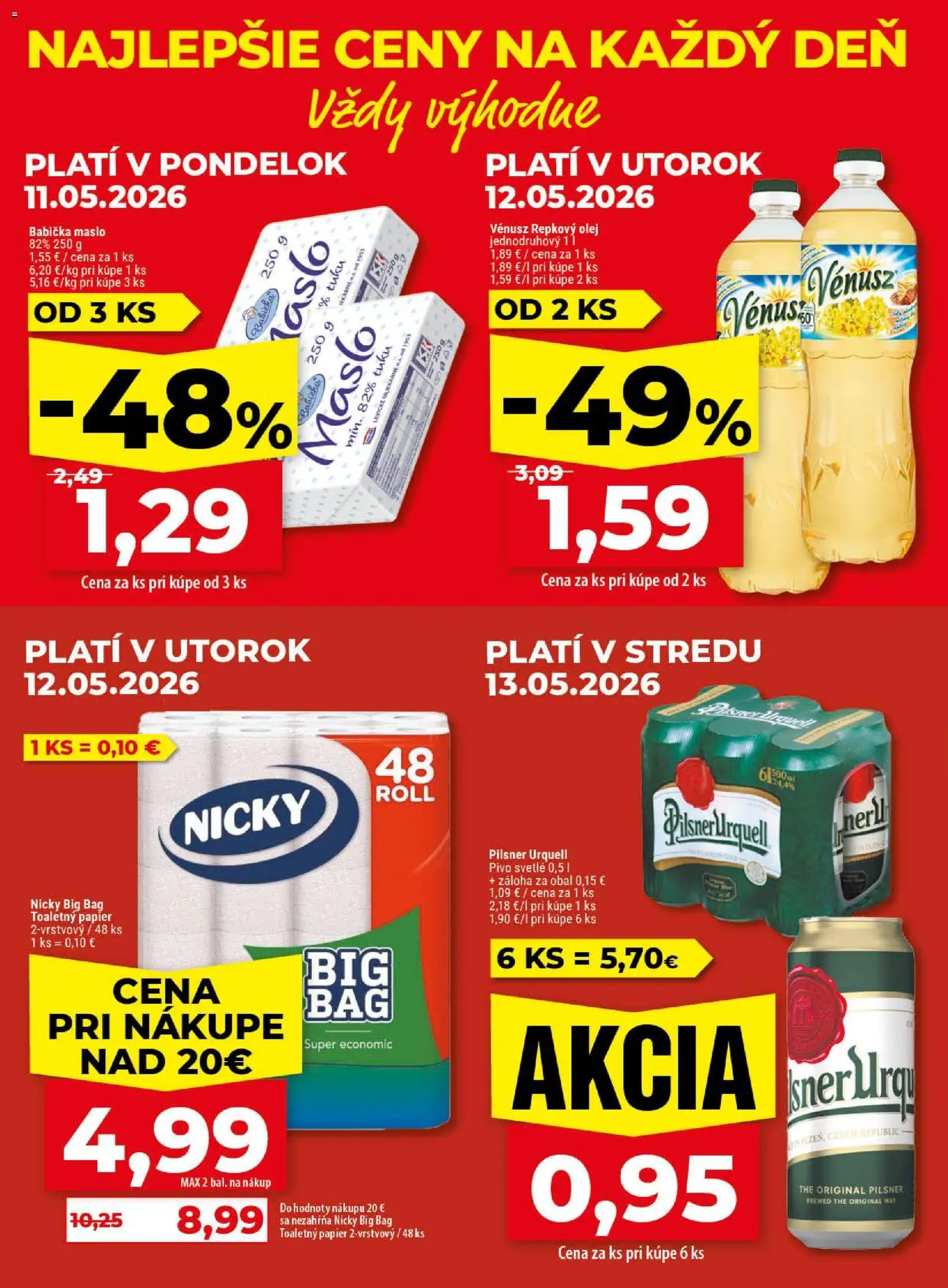 Nové Klas akcie – leták je platný od 11.05.2026 | Strana: 2 | Produkty: Maslo, Pilsner Urquell, Olej, Toaletný papier