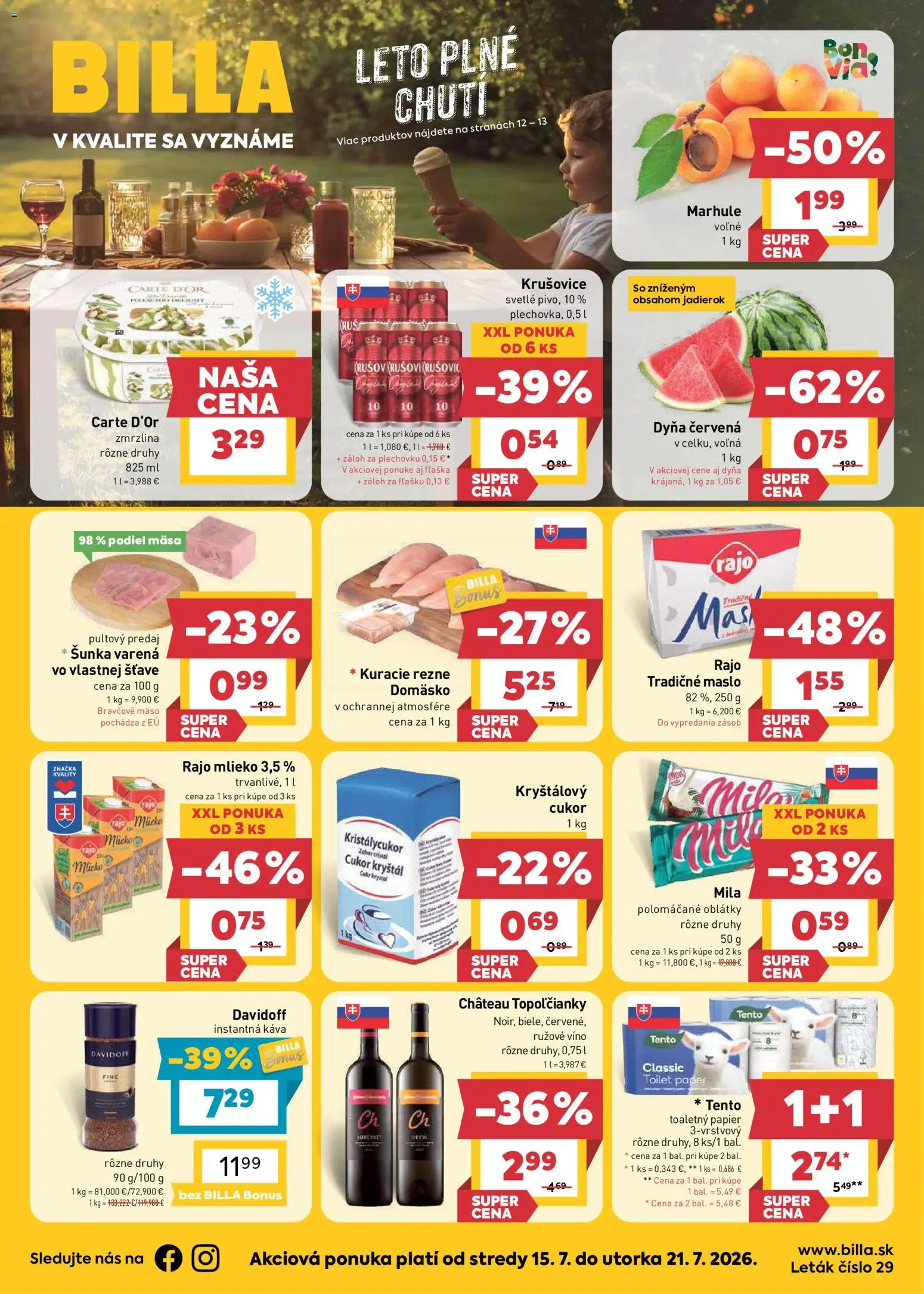 Nové Billa akcie – leták je platný od 15.07.2026 | Strana: 1 | Produkty: Mäso, Mlieko 3,5 %, Mila, Marhule