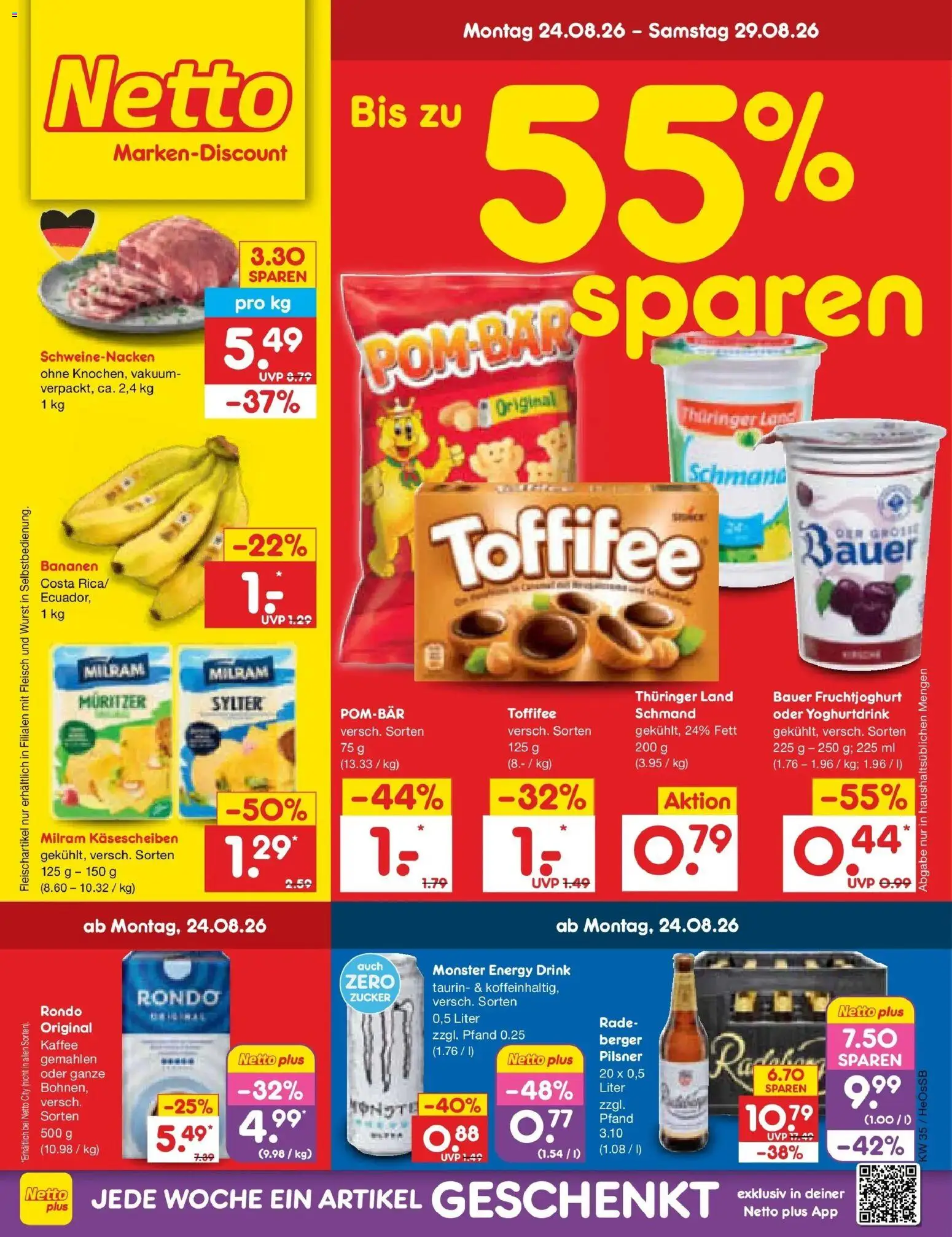 Netto Marken-Discount Prospekt Rostock – gültig ab 24.08.2026 | Seite: 1 | Produkte: Bananen, Fruchtjoghurt, Zucker, Fleisch