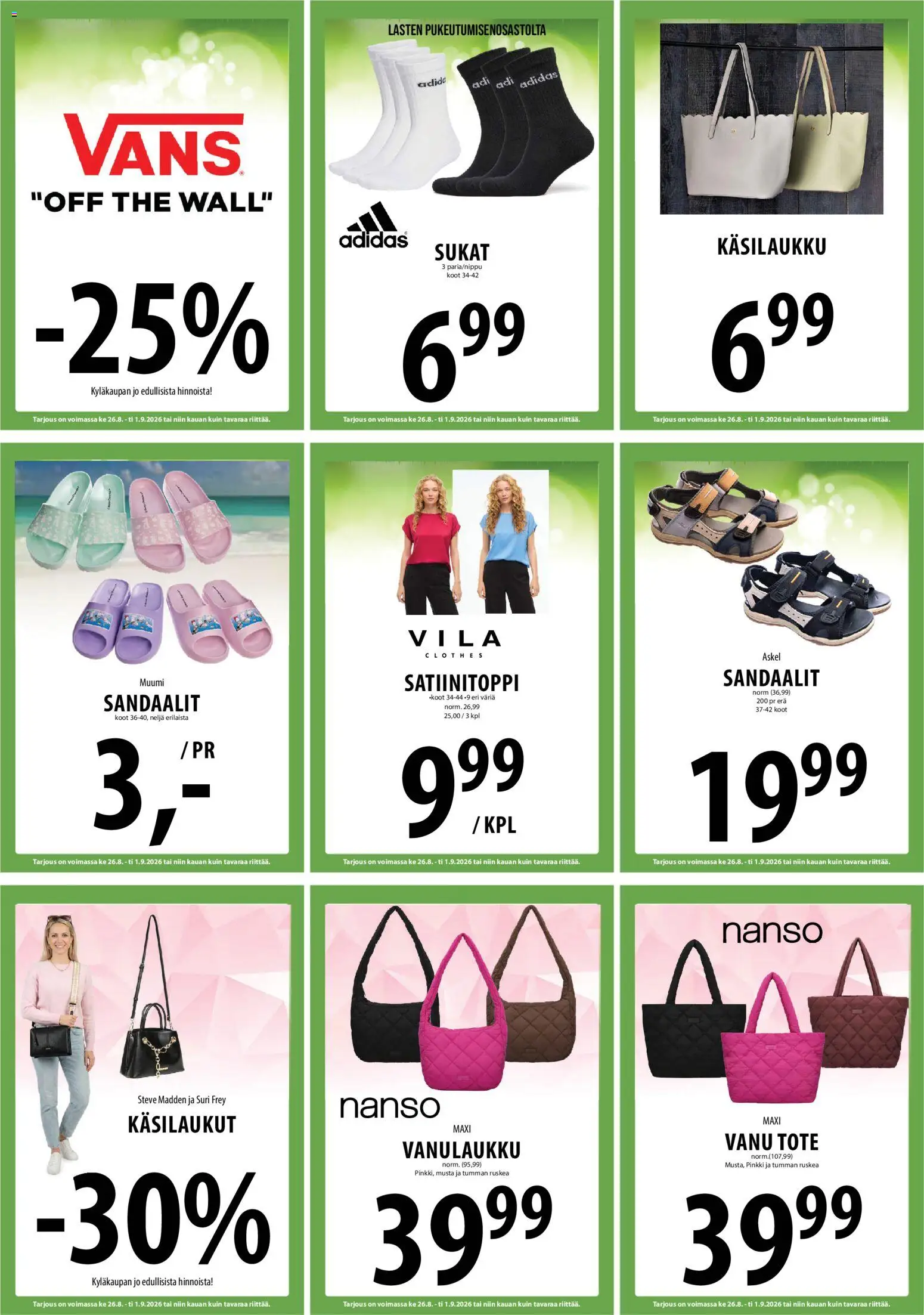 Tuuri tarjoukset – voimassa 26/08/2026 alkaen | Sivu: 11 | Tuotteet: Sukat, Sandaalit, Käsilaukku