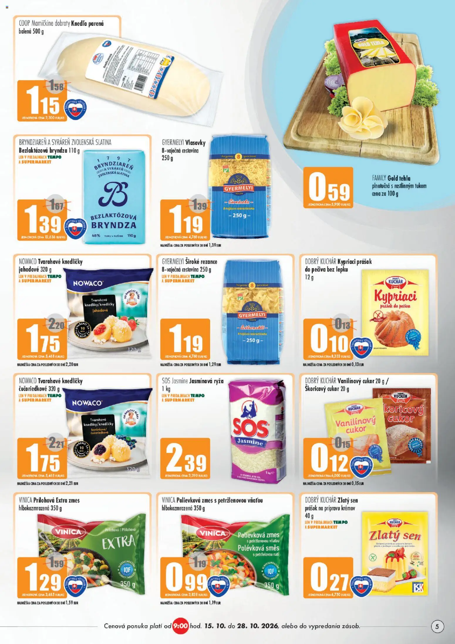 Nové COOP Jednota akcie – leták je platný od 15.10.2026 | Strana: 5 | Produkty: Ryža, Prášok do pečiva, Bryndza, Rezance