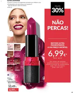 Pré-visualização Ultra Shimmer Batom Para Lábios, Textura cremosa com pigmentos perlados que refletem a luz. Enriquecido com uma mistura de vitamina E, óleo de abacate e óleo de sésamo. FPS 15. 3,6 g válido de 01.05.2026 | Página: 49 | Produtos: Batom, Óleo, Abacate