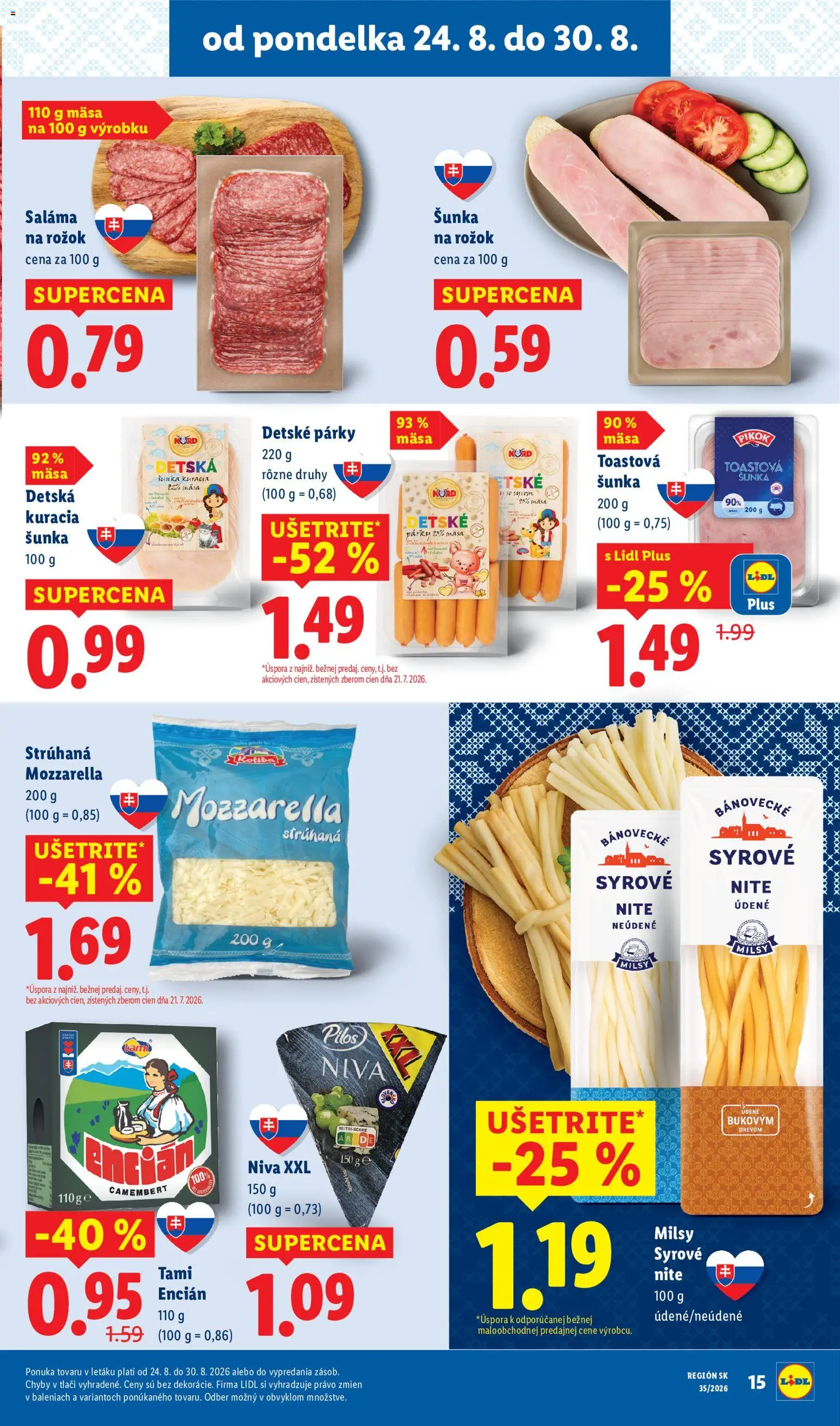 Nové Lidl akcie – leták je platný od 24.08.2026 | Strana: 19 | Produkty: Rožok, Niva, Kuracia šunka, Párky