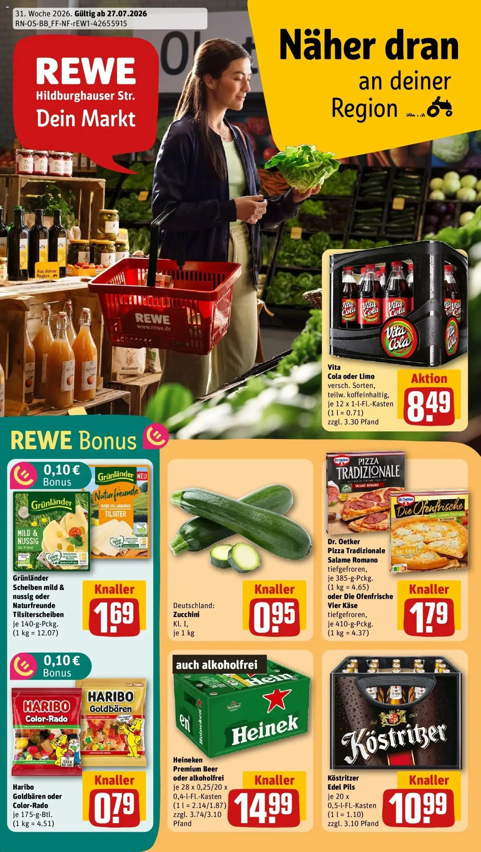 Rewe Prospekt Berlin / Marienfelde – gültig ab 27.07.2026 | Seite: 1 | Produkte: Cola, Weizenmehl, Grunlander, Pizza