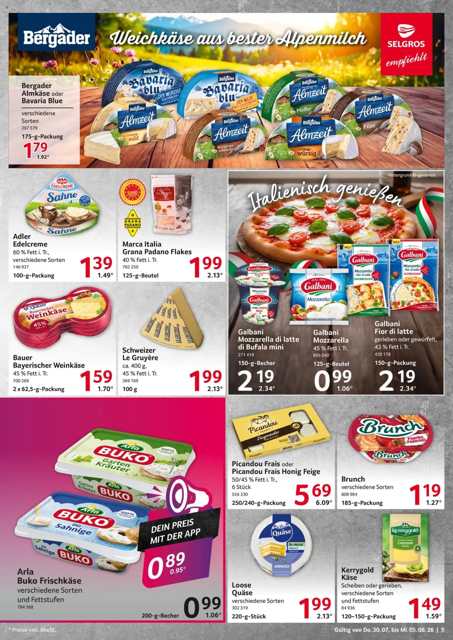 Selgros Prospekt – gültig ab 30.07.2026 | Seite: 5 | Produkte: Käse, Mozzarella, Pfeffer, Frischkase